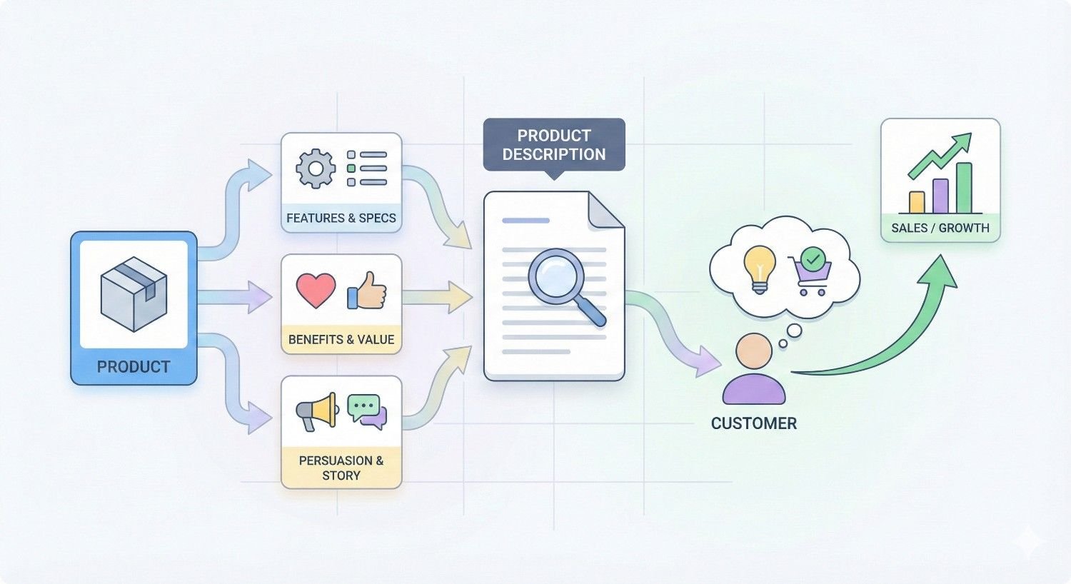 An illustrated flowchart shows a product feeding into features, benefits, and persuasive storytelling that form a product description, influencing customers and leading to increased sales and business growth.