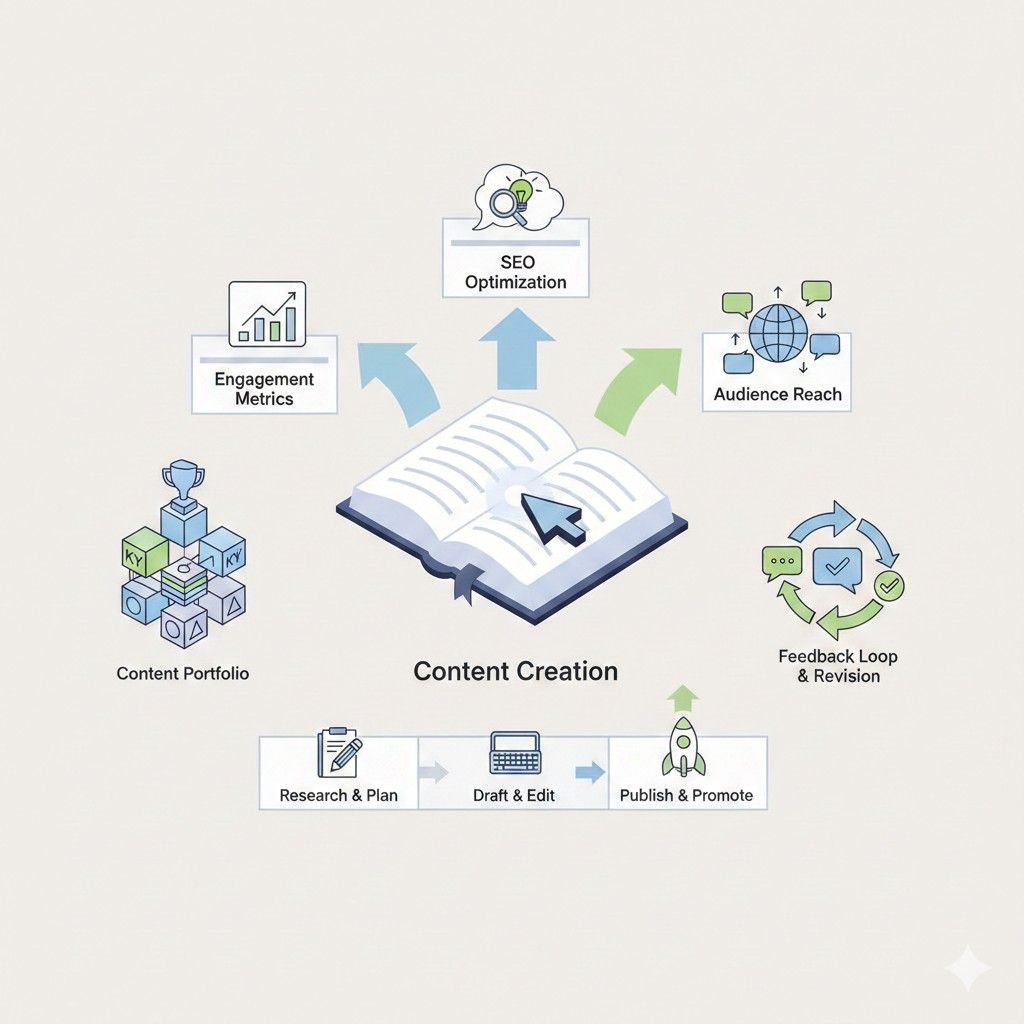 Infographic centers on content creation, showing SEO optimization, audience reach, engagement metrics, content portfolio, and feedback loops around an open book, with steps below—research and plan, draft and edit, publish and promote—illustrating a continuous content marketing cycle.
