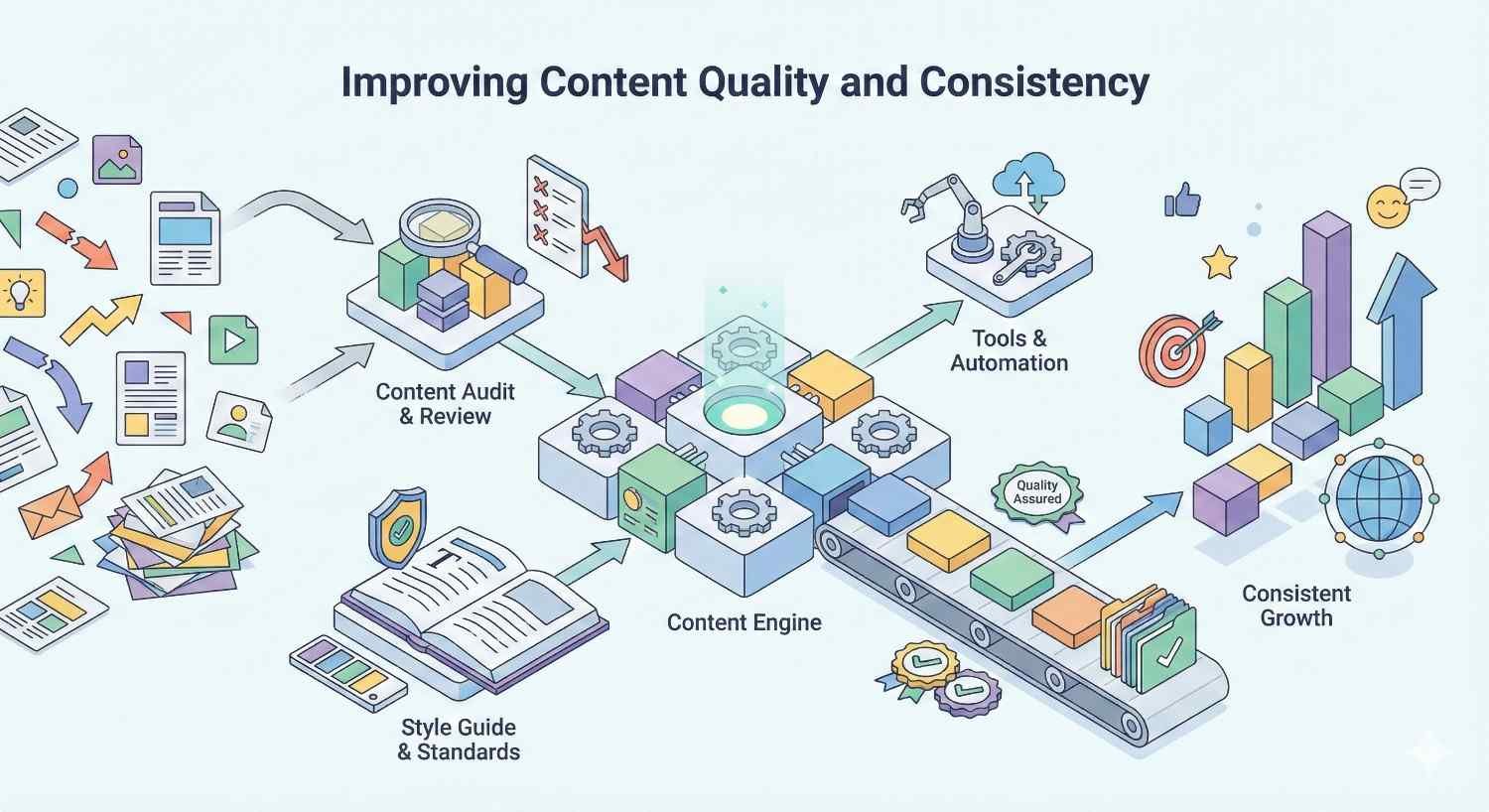 Diagram titled “Improving Content Quality and Consistency” showing scattered content flowing into audits, style guides, and a central content engine with gears, automation tools, and a conveyor belt producing quality-assured material that leads to charts, icons, and consistent growth.