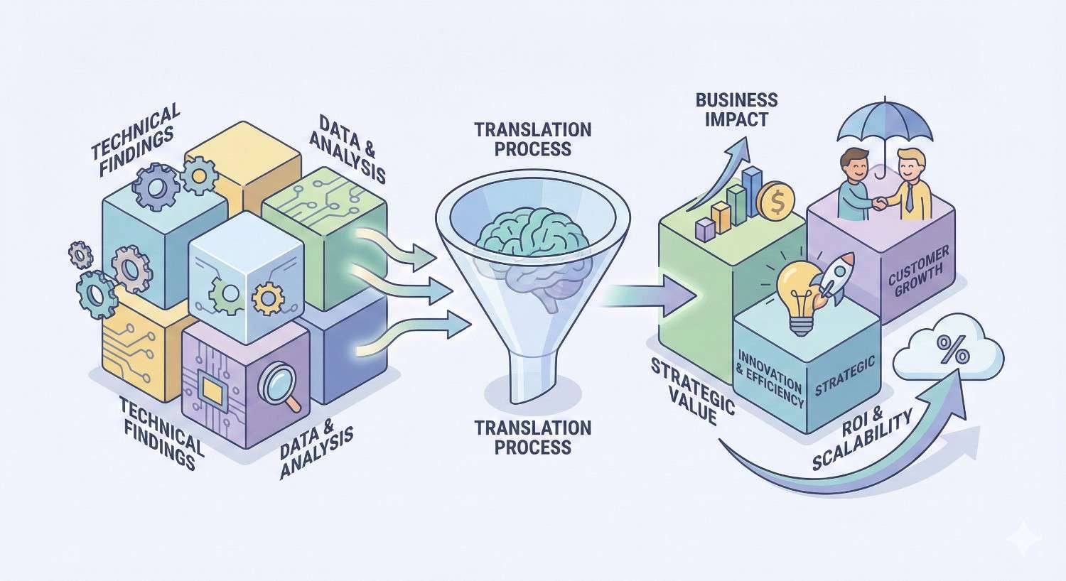 Illustration showing how technical findings and data analysis flow through a translation process to create strategic value, business impact, innovation, customer growth, and improved ROI and scalability, visually connecting technical insights to measurable business outcomes