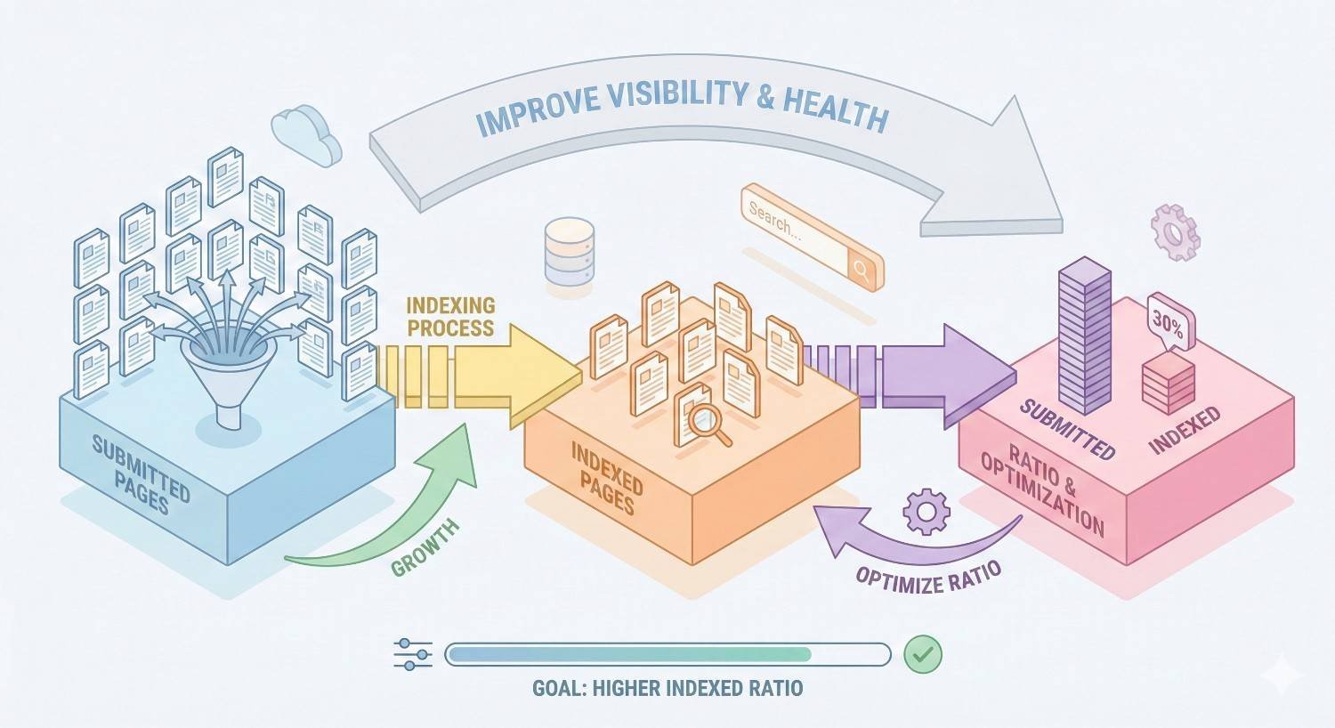 Diagram showing how improving indexing increases site visibility and health, moving from submitted pages through the indexing process to indexed pages, optimizing the submitted-to-indexed ratio, driving growth, and achieving a higher indexed percentage for better search performance.