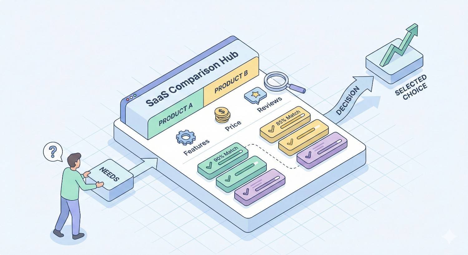 An isometric illustration of a SaaS comparison hub showing Product A and Product B evaluated by features, price, and reviews. A user inputs needs, compares match percentages, and follows a decision path toward a selected choice with an upward growth arrow.