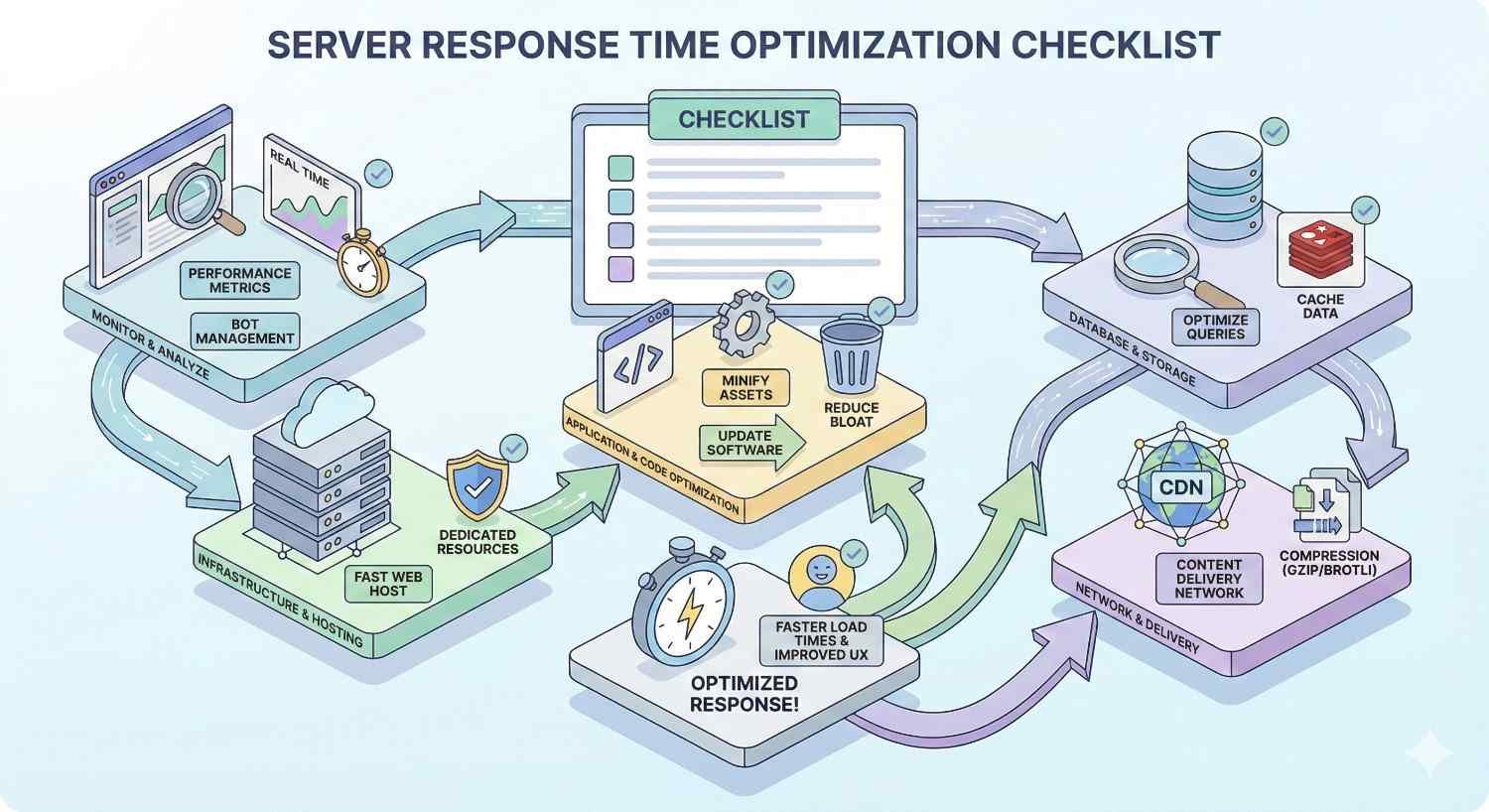 Infographic titled “Server Response Time Optimization Checklist” showing steps to improve performance: monitor metrics, optimize queries, cache data, use CDN and compression, upgrade hosting, minify assets, update software, and reduce bloat—leading to faster load times, improved UX, and optimized server response.