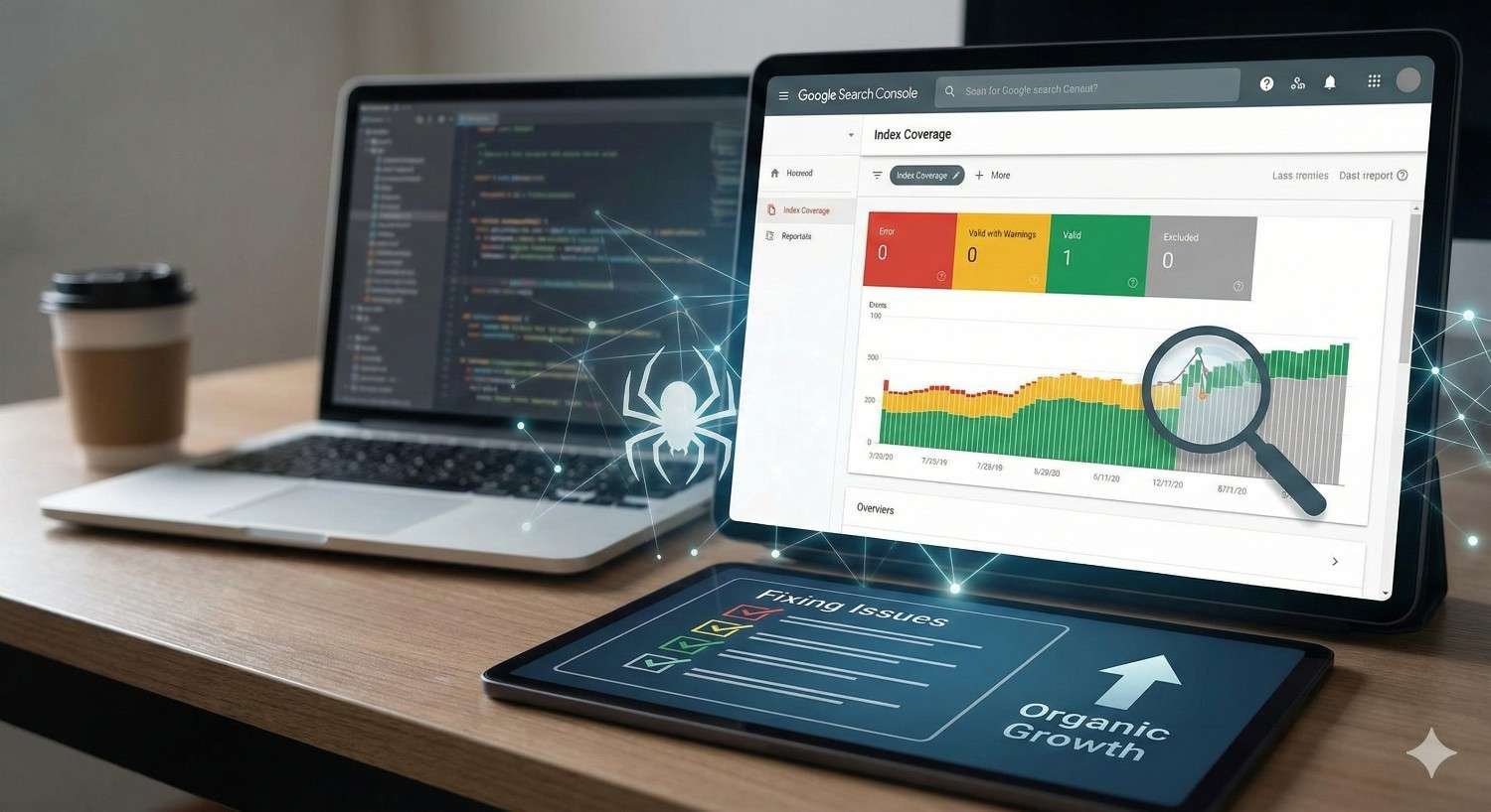 Workspace with a laptop and tablet displaying Google Search Console index coverage and performance graphs, code editor on screen, magnifying glass highlighting growth trends, and visual elements symbolizing fixing SEO issues, site monitoring, and organic traffic improvement.