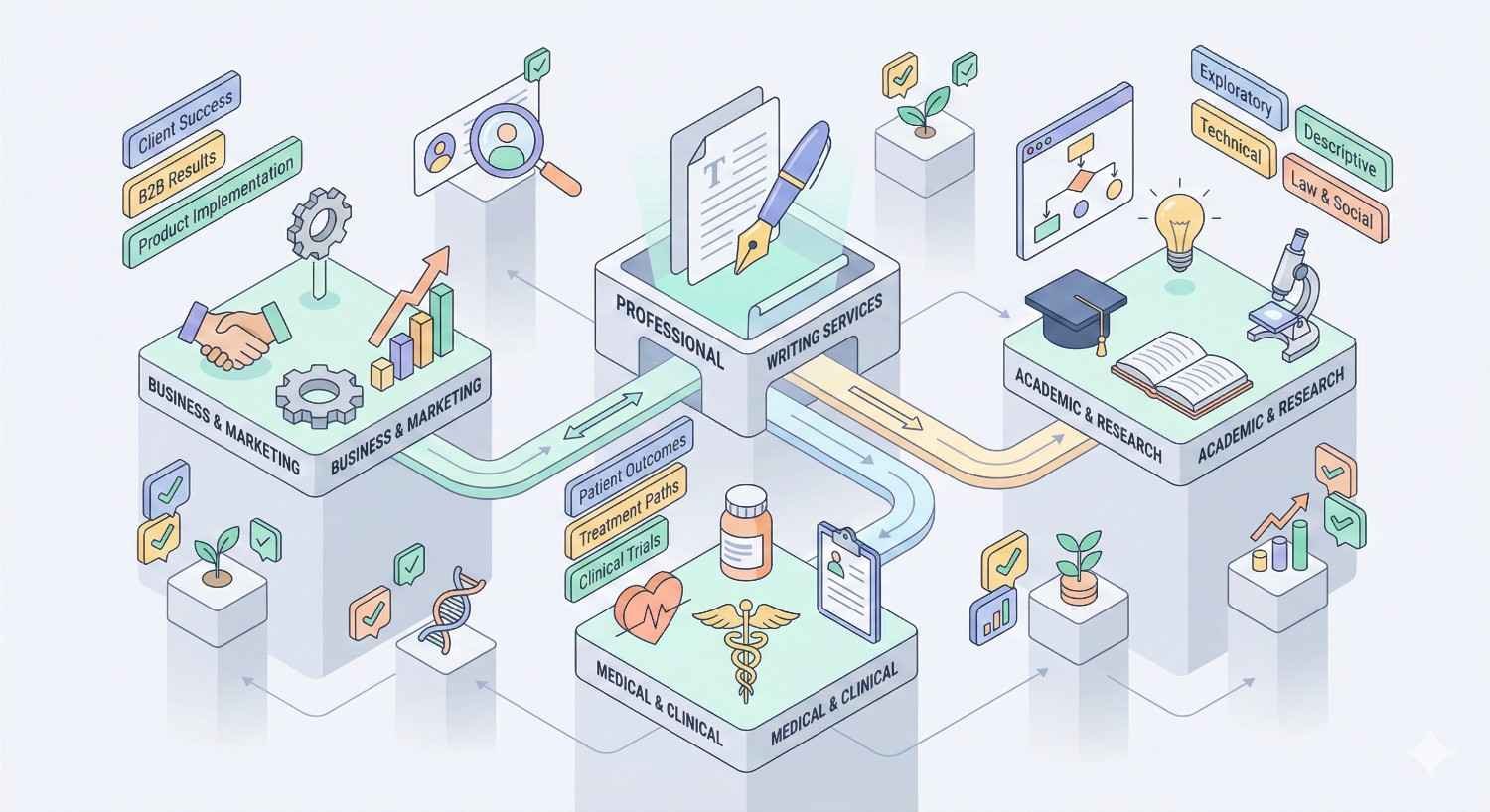 An illustrated diagram shows professional writing services connecting business and marketing, medical and clinical, and academic research fields, with arrows linking specialized content types like case studies, trials, exploratory research, and technical writing through a central service hub of drafting and editing.