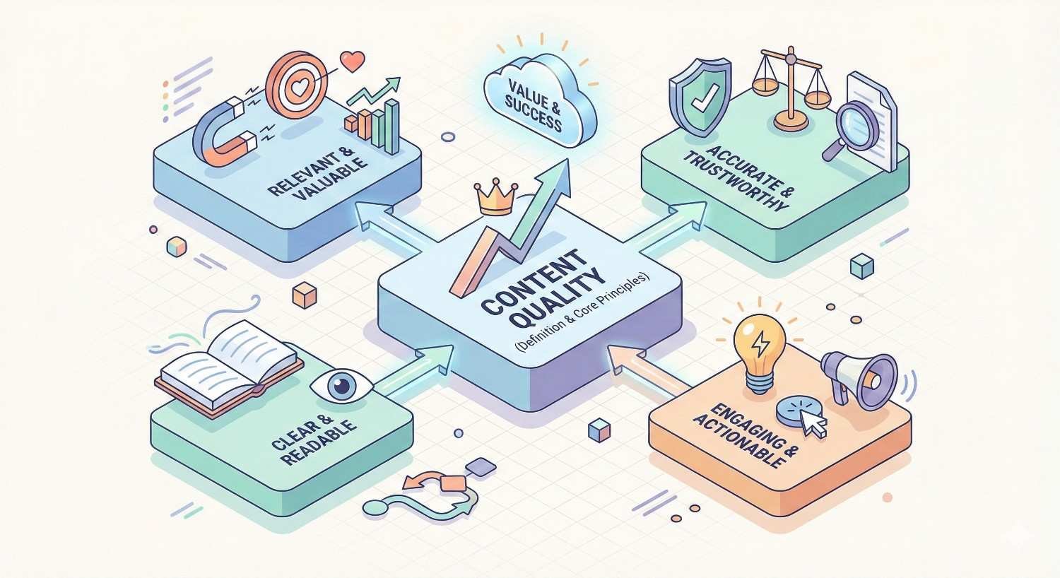 An illustrated diagram centers on “Content Quality” with arrows linking key principles: relevant and valuable, clear and readable, engaging and actionable, and accurate and trustworthy, plus icons for success, growth, books, shields, targets, and light bulbs arranged around the core concept.