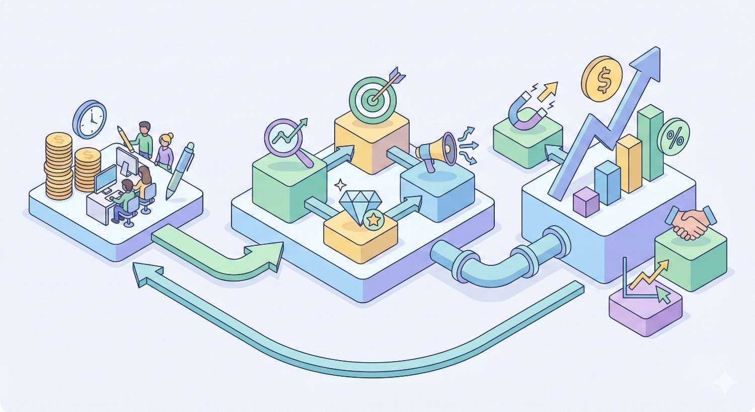 Isometric infographic showing teams investing time and money into a process of goals, targeting, promotion, and quality, flowing through connected blocks and pipes to rising charts, revenue symbols, percentages, and handshake icons representing business growth and ROI.