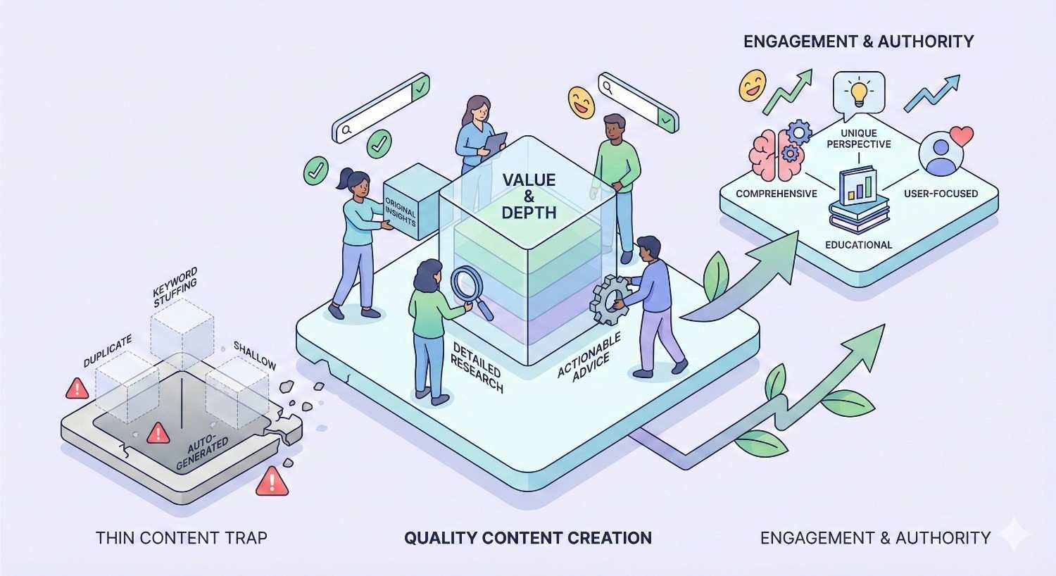 Illustration contrasting thin content traps—duplicate, shallow, keyword-stuffed, auto-generated pages—with quality content creation. A central layered block labeled value and depth highlights detailed research and actionable advice, leading to engagement and authority through comprehensive, user-focused, educational content.