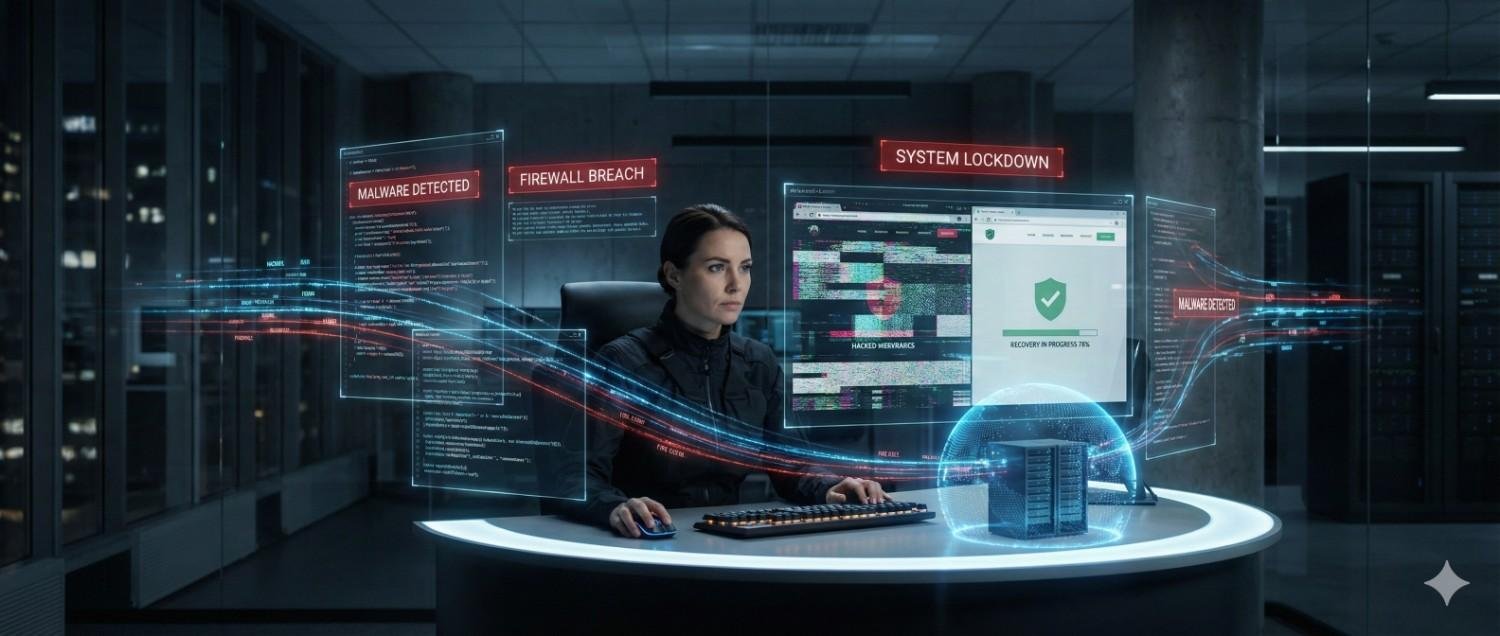 Cybersecurity analyst working at a computer in a server room, surrounded by holographic screens showing malware detected, firewall breach, and system lockdown alerts. Data streams flow toward a protected server under a digital shield, symbolizing active threat detection and network security monitoring.