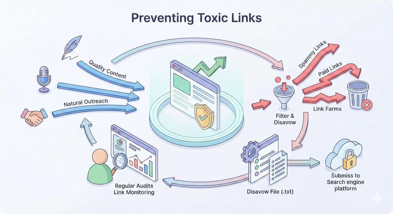 Infographic titled “Preventing Toxic Links” showing quality content, natural outreach, and regular audits protecting a website, while spammy, paid, and link-farm links are filtered, disavowed, submitted to search engines, and blocked to maintain healthy SEO growth.