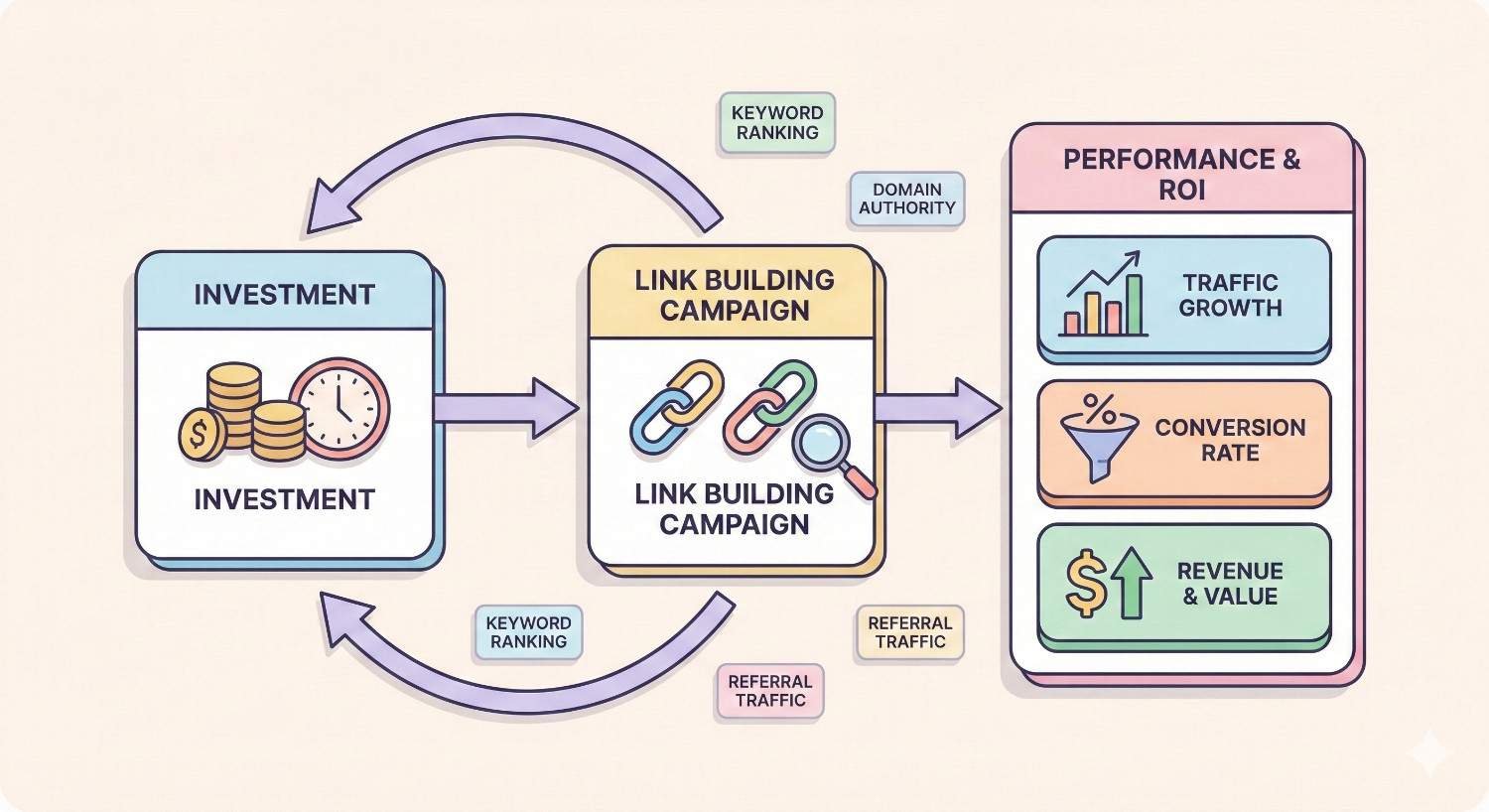 Infographic showing investment flowing into a link building campaign, which improves keyword rankings, domain authority, and referral traffic. Results feed into performance and ROI metrics, including traffic growth, conversion rate, and increased revenue and value, forming a continuous optimization cycle.