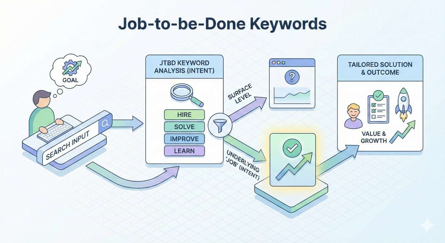 An isometric diagram explaining job-to-be-done keywords. A user search leads to JTBD intent analysis—hire, solve, improve, learn—distinguishing surface queries from underlying intent, and resulting in tailored solutions, value creation, and measurable growth outcomes.