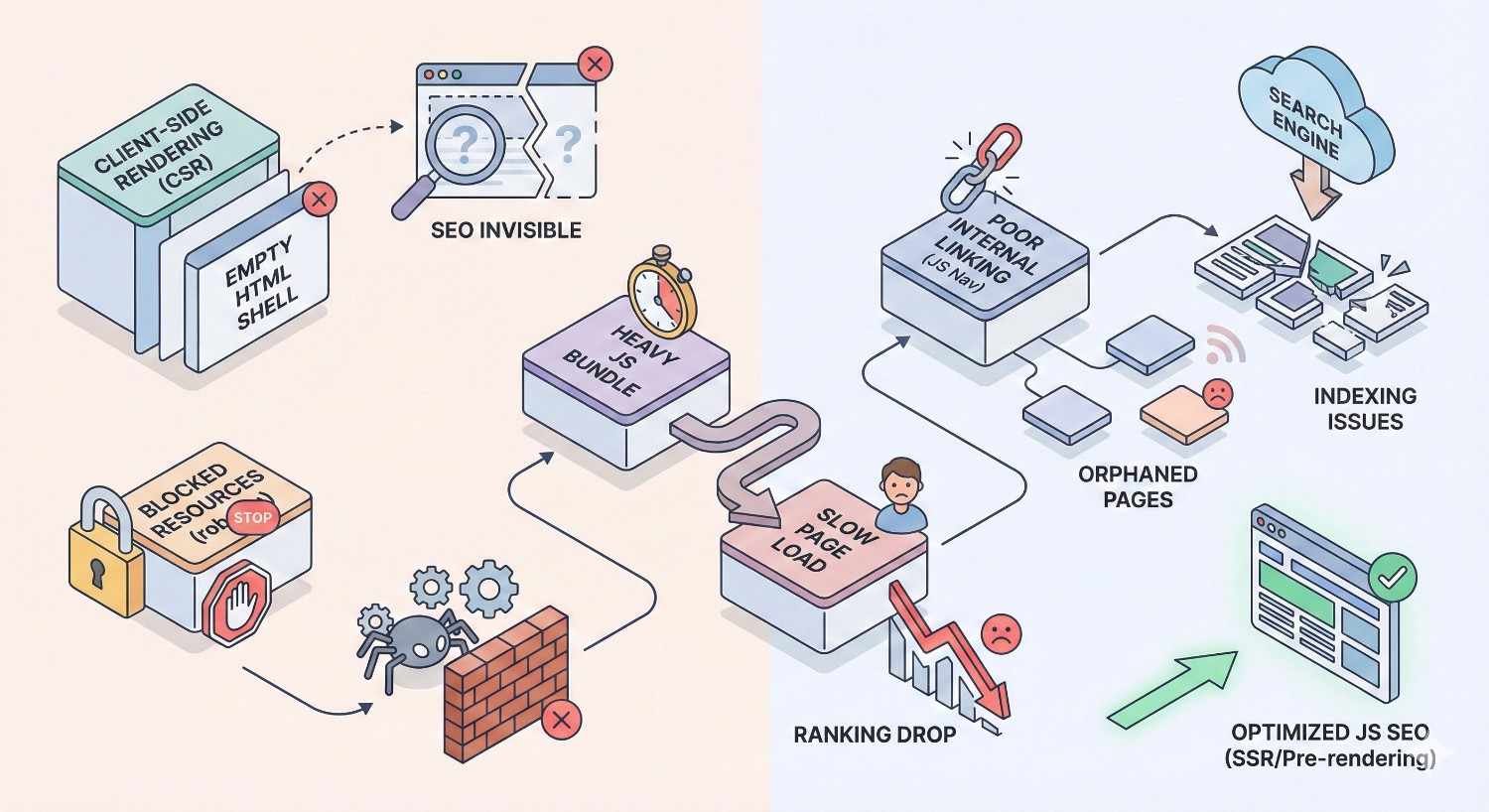 Infographic comparing JavaScript SEO issues and solutions. Left shows client-side rendering with empty HTML, blocked resources, heavy JS bundle, and slow page load causing ranking drop. Right highlights optimized JS SEO using SSR/pre-rendering, better indexing, improved internal linking, and restored search visibility.