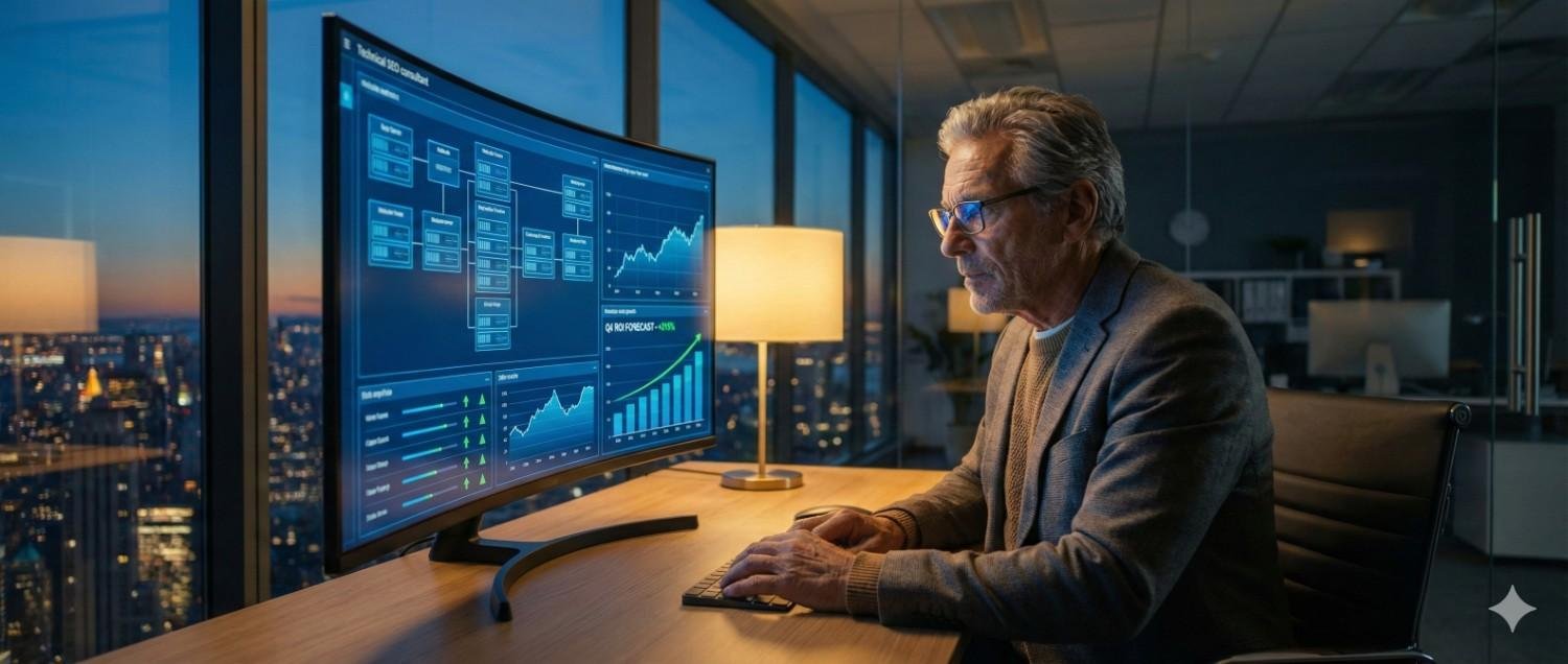 A professional working at a desk in a modern office at night, analyzing SEO and performance dashboards on an ultrawide monitor displaying charts, site architecture, and growth metrics, with a city skyline visible through large windows, emphasizing data-driven digital strategy and analysis.