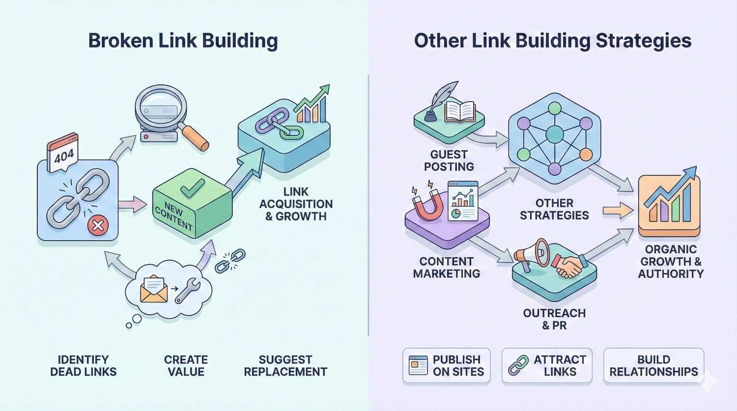 Split infographic comparing link-building methods. Left: broken link building process—identify dead 404 links, create valuable content, and suggest replacements to gain links and growth. Right: other strategies like guest posting, content marketing, and outreach to attract links, build relationships, and drive organic authority.