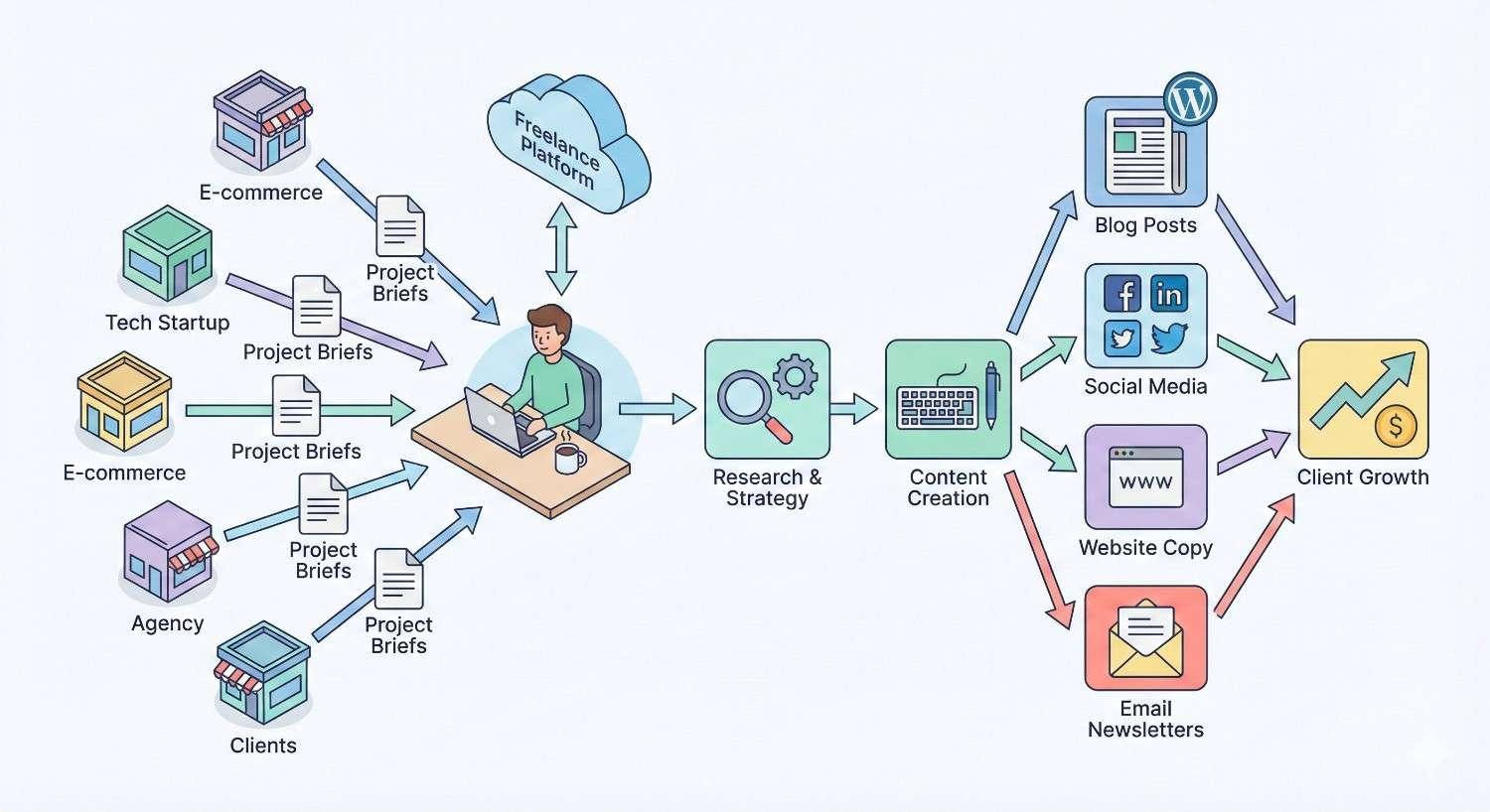 Illustration showing project briefs from clients, agencies, e-commerce, and startups flowing through a freelance platform to a writer, then into research, strategy, and content creation for blogs, social media, website copy, and email newsletters that drive client growth.