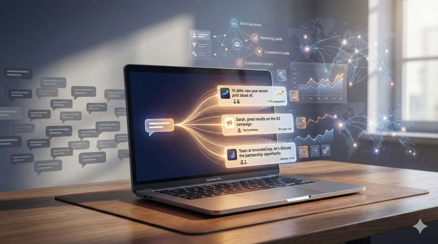 Laptop on a desk displaying personalized outreach messages flowing into segmented audiences, with floating analytics charts, world map connections, and chat bubbles around the screen, suggesting AI-driven marketing, lead targeting, and data visualization in a modern workspace.