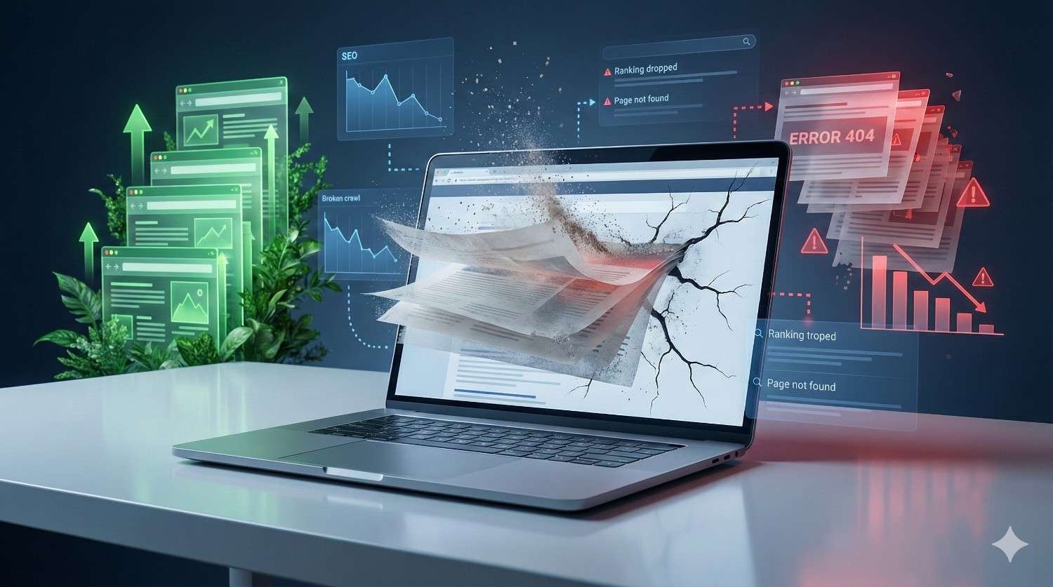 Laptop on a desk with a cracked screen and papers bursting outward. Surrounding graphics show SEO charts, ranking drops, “Page not found,” and “Error 404” alerts. Green growth indicators appear on the left, while red warning icons and declining graphs appear on the right, symbolizing website performance issues.