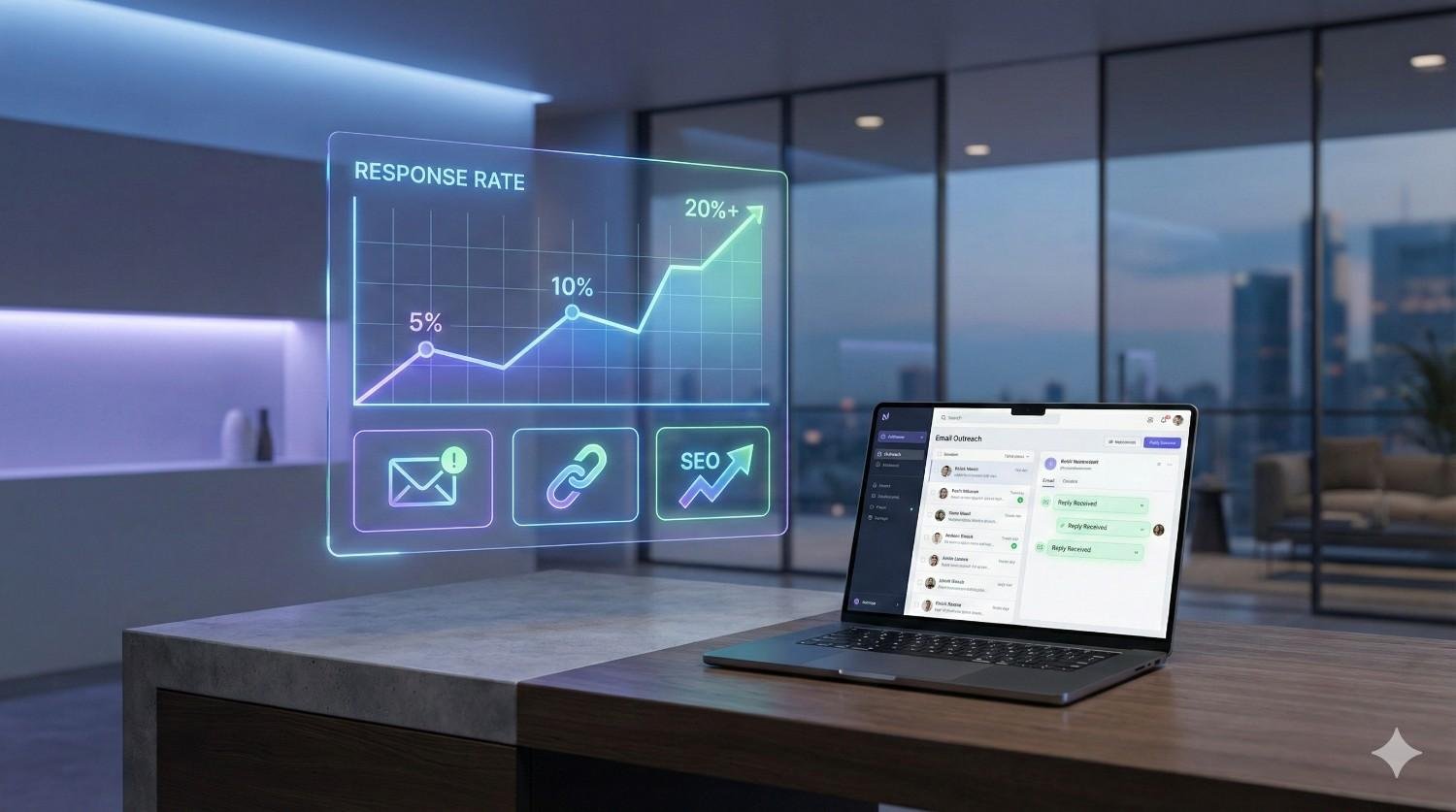Laptop on a modern office desk shows outreach software, while a holographic display above it charts rising response rates from 5 to over 20 percent with email, link, and SEO icons, suggesting successful automated outreach and marketing performance growth.