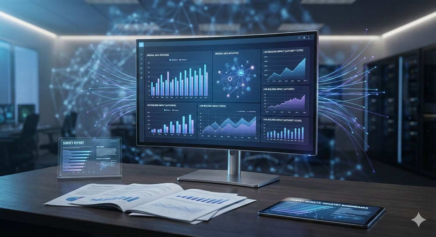 Modern office workspace with a large desktop monitor displaying data analytics dashboards, including bar charts, line graphs, and network diagrams. Reports and a tablet with statistics lie on the desk. Blue digital connection lines glow in the background, suggesting data processing, AI, or cloud computing technology.