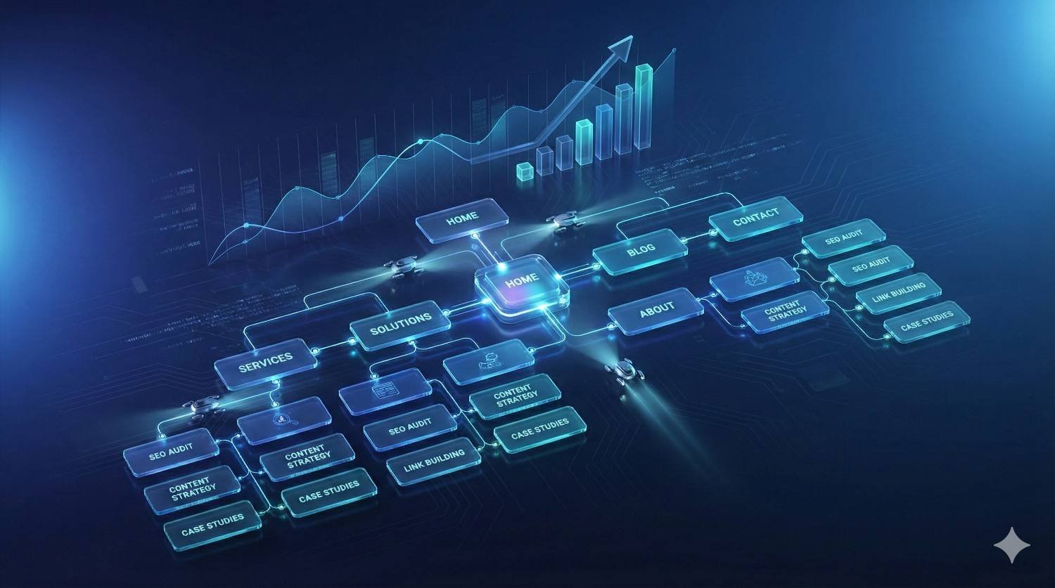 Futuristic digital sitemap visualization with glowing navigation nodes centered on “Home,” branching to services, blog, contact, and SEO-related pages. A rising bar chart and line graph above indicate growth, symbolizing structured website architecture, internal linking, and improved search performance.