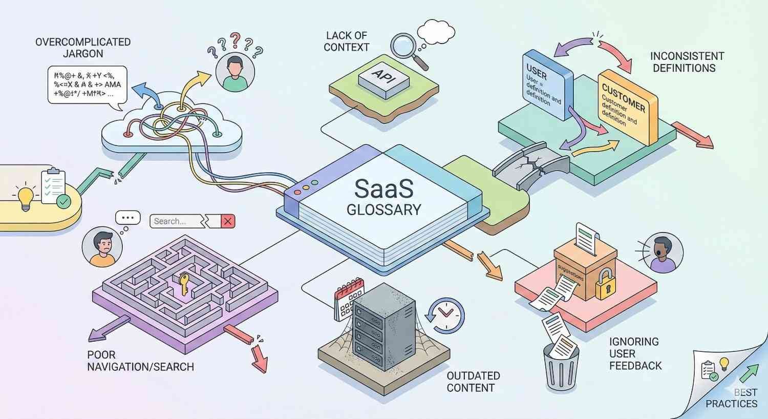 Isometric illustration highlighting common SaaS glossary problems. Overcomplicated jargon, lack of context, inconsistent definitions, poor navigation, outdated content, and ignored user feedback surround a central SaaS glossary, visually showing confusion points and the need for clear, user-focused glossary best practices.”