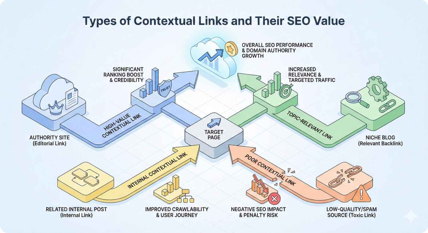 Infographic titled “Types of Contextual Links and Their SEO Value” showing authority, niche, and internal links boosting rankings, relevance, and crawlability, while poor or spam links harm performance and risk penalties, all pointing toward a target page and overall SEO growth.