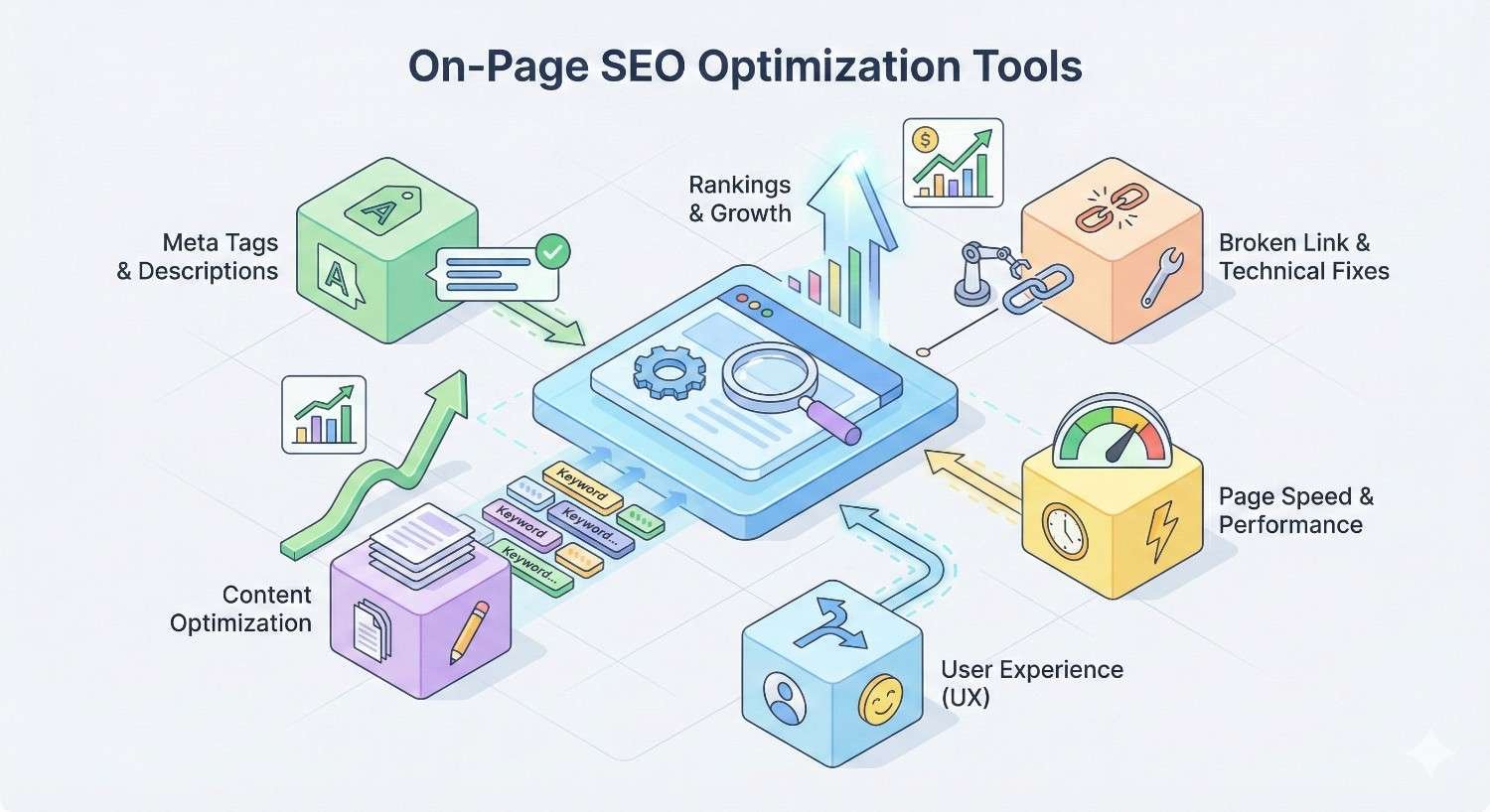 An infographic titled “On-Page SEO Optimization Tools” shows a central analysis panel connected to meta tags, content optimization, broken link fixes, page speed, and user experience, all feeding rankings and growth charts with arrows, gauges, and keyword icons illustrating website performance improvements.