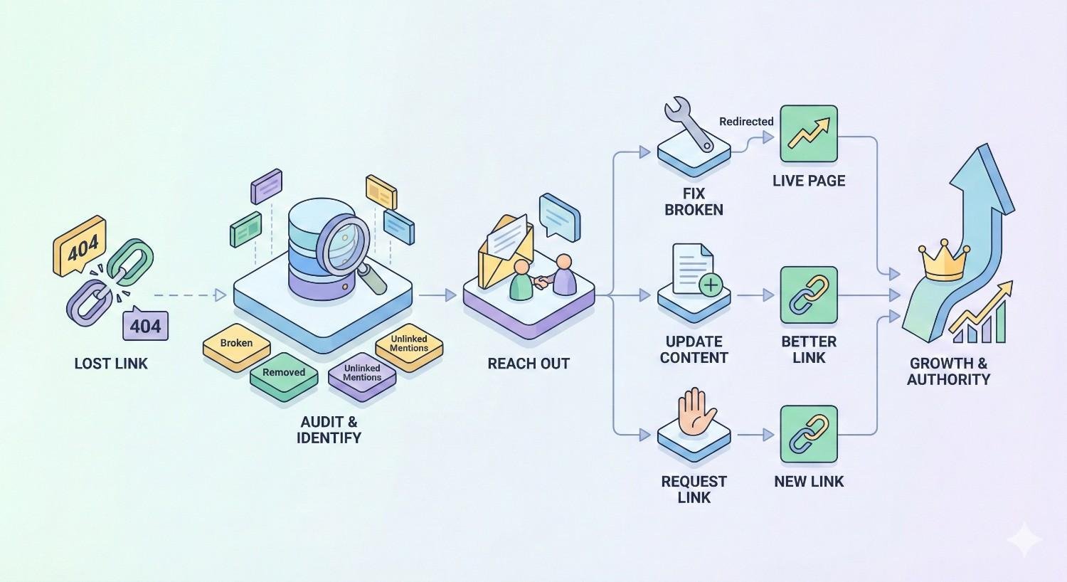 Infographic showing lost link recovery process: identify 404 or removed links, audit and categorize issues, reach out to site owners, fix broken pages, update content, request new or better links, and redirect to live pages—leading to improved growth and authority.