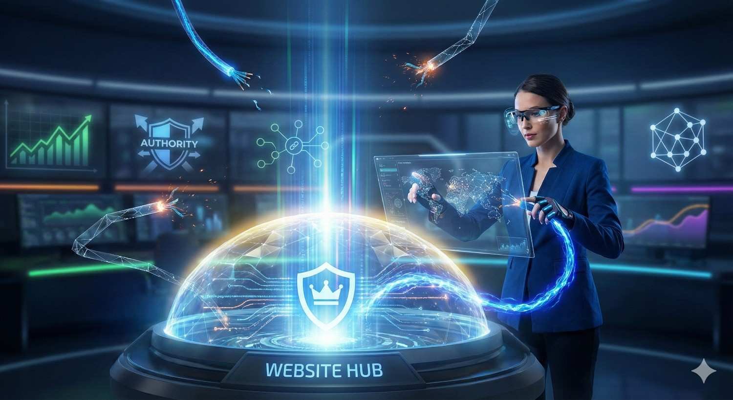 Futuristic scene of a woman in a high-tech control room interacting with a holographic “Website Hub” shield. She uses a transparent tablet while glowing data streams, network icons, authority charts, and cyber threats surround a digital dome, symbolizing website security, analytics, and SEO performance monitoring.