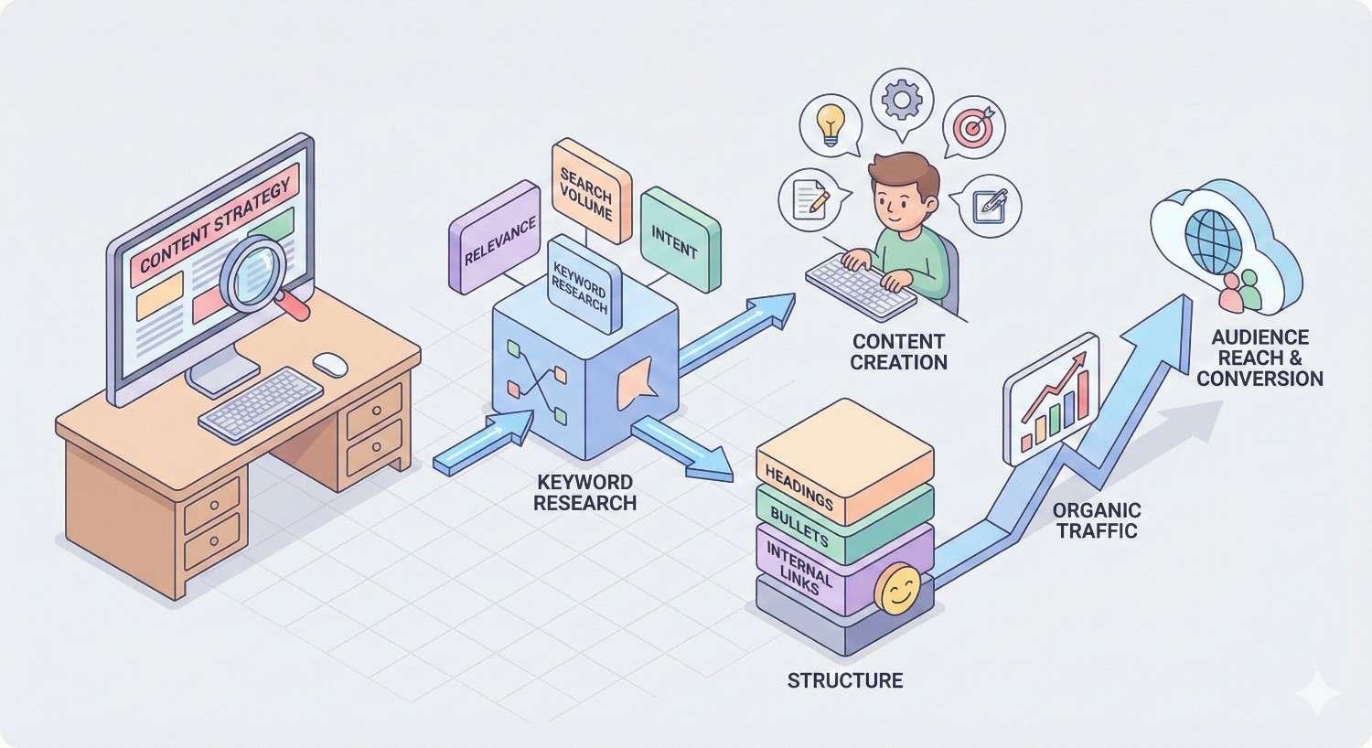 Illustration showing a content strategy workflow: desk with “Content Strategy,” keyword research blocks labeled relevance, search volume, and intent, leading to content creation, structured headings and links, and rising arrows for organic traffic, audience reach, and conversions.