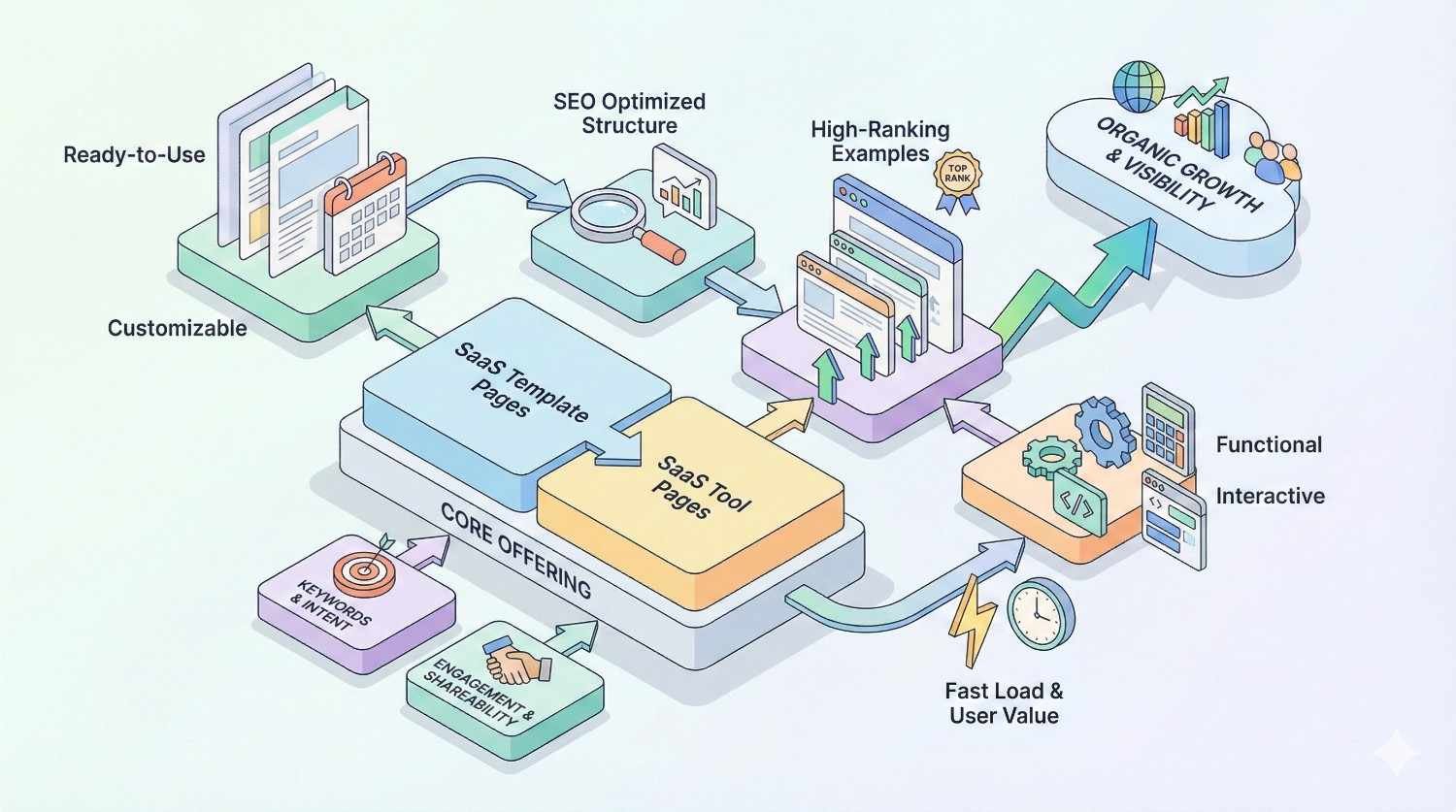 Isometric illustration showing SaaS template and tool pages as a core offering. Customizable, ready-to-use templates connect with SEO-optimized structure, high-ranking examples, fast performance, and interactive tools. Arrows highlight improved engagement, organic growth, visibility, and long-term user value