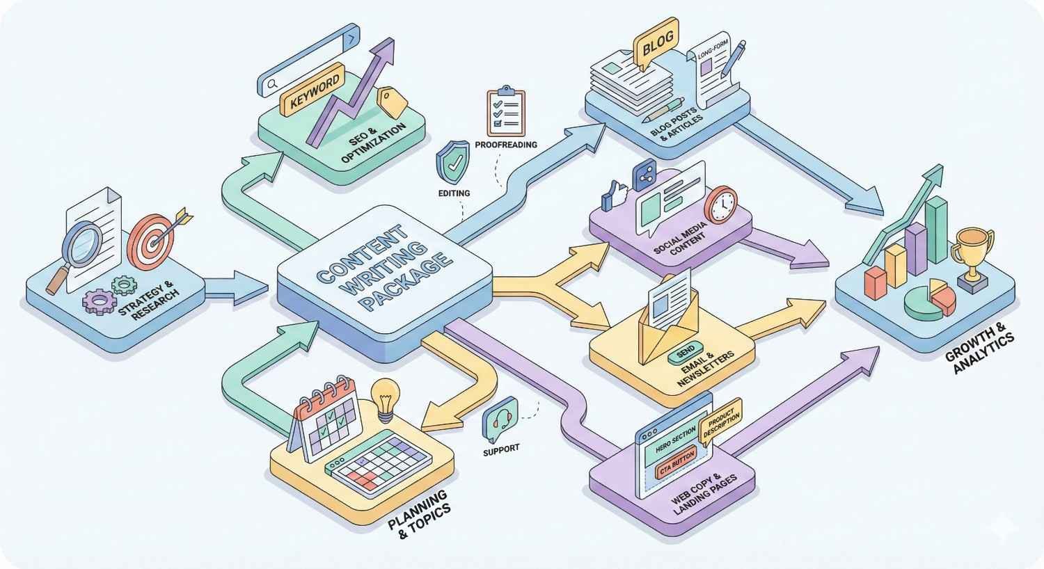 Infographic showing a content writing package flowing from strategy, planning, and SEO through editing and proofreading into blog posts, social media, email newsletters, and website copy, ending with growth and analytics dashboards highlighted by arrows and charts.