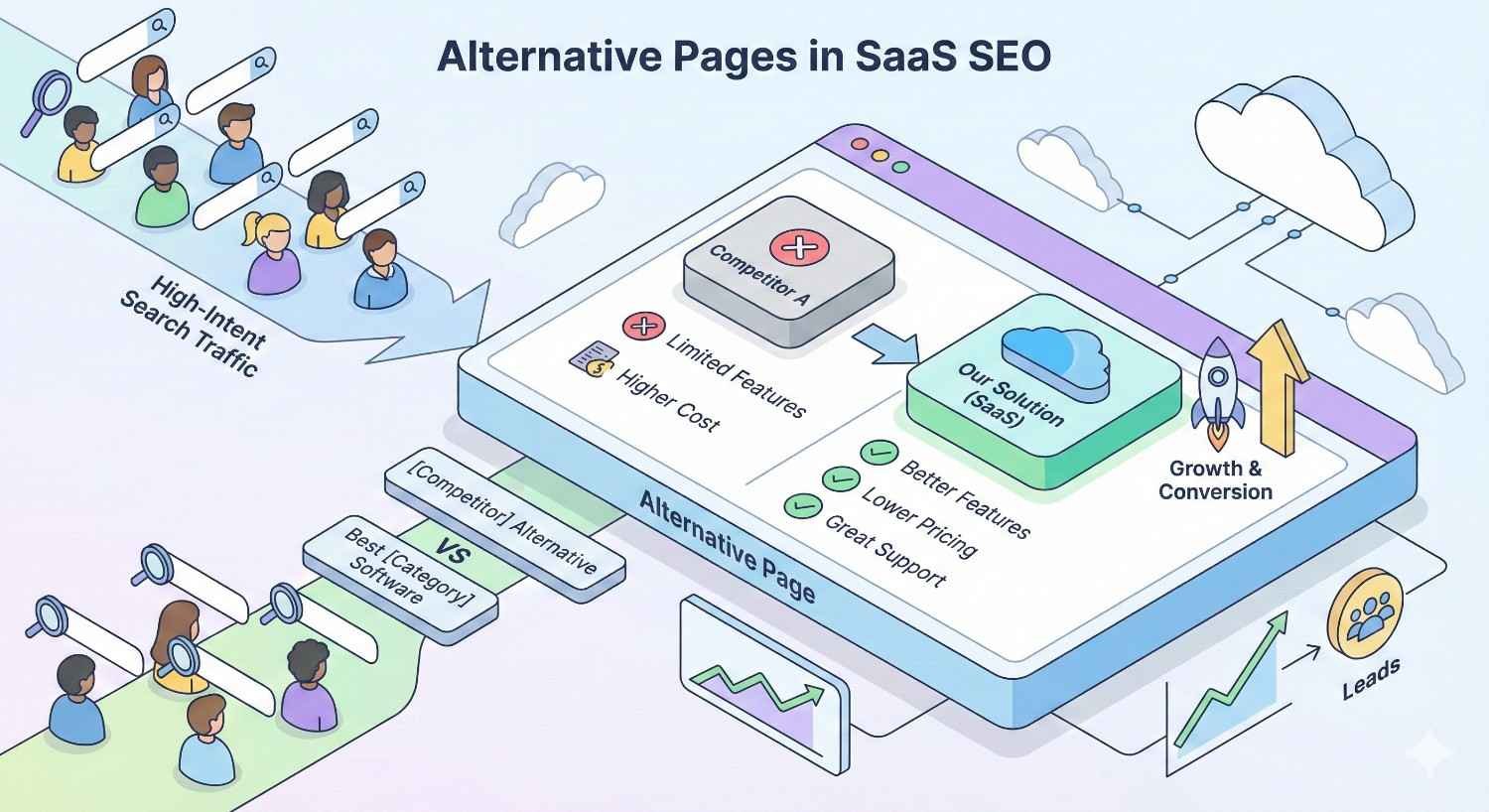 Isometric illustration explaining alternative pages in SaaS SEO. An alternative comparison page contrasts a competitor with a SaaS solution, highlighting better features, pricing, and support. High-intent search traffic flows in, leading to higher conversions, lead generation, and business growth
