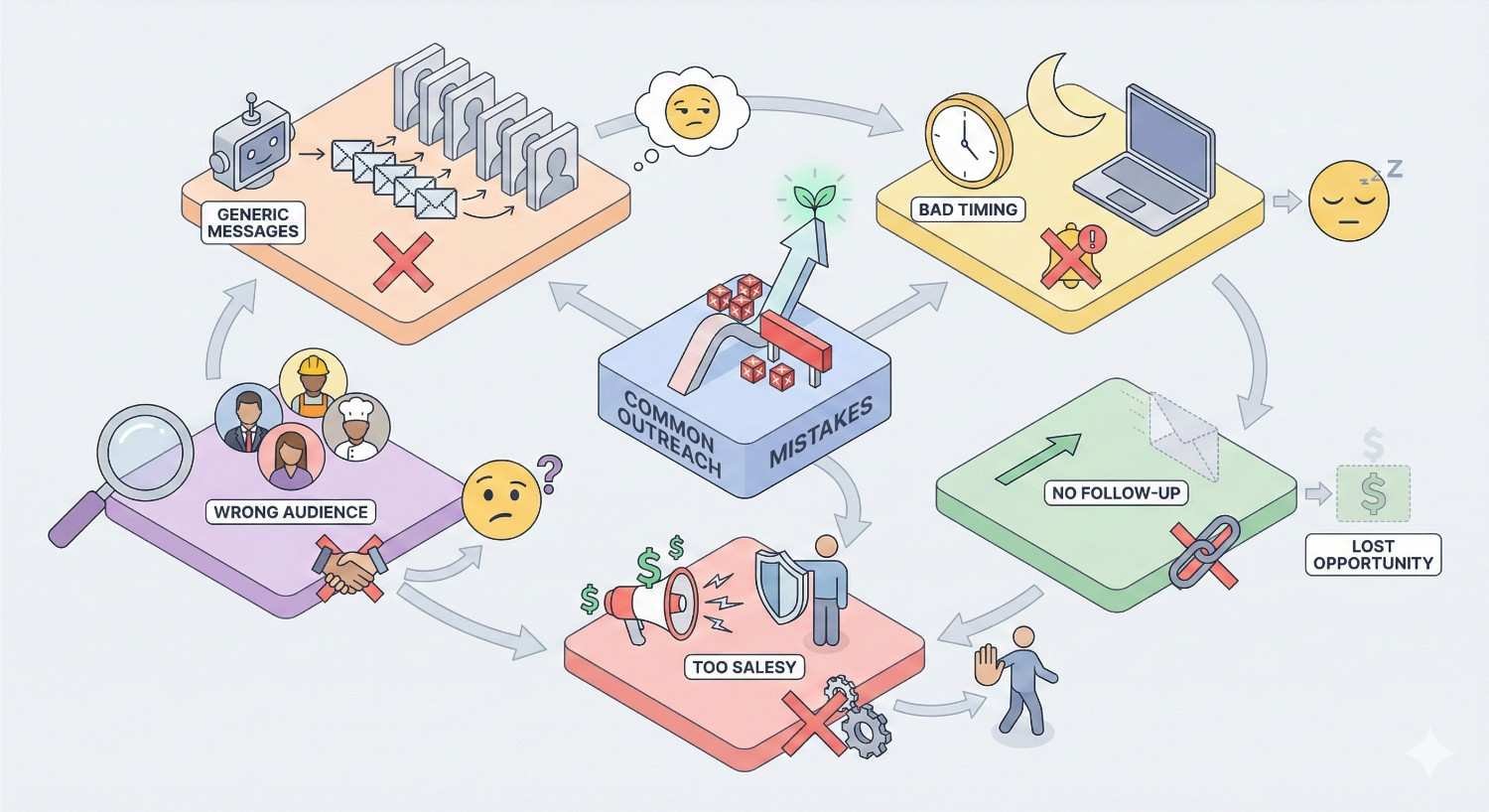 Infographic showing common outreach mistakes: generic messages, wrong audience, bad timing, no follow-up, and overly sales-focused pitches. Arrows connect each issue around a central “Common Outreach Mistakes” box, illustrating how these errors lead to lost opportunities and failed link-building efforts.