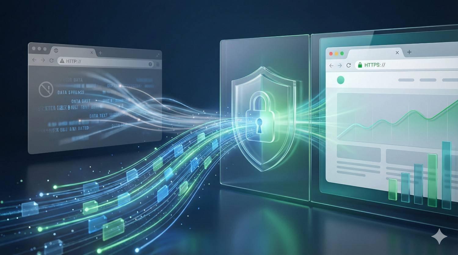 Illustration showing data flowing from an insecure HTTP webpage to a secure HTTPS website through a protective shield with a padlock. The right side displays improved analytics and growth, symbolizing encrypted data transfer, enhanced security, and better website performance.