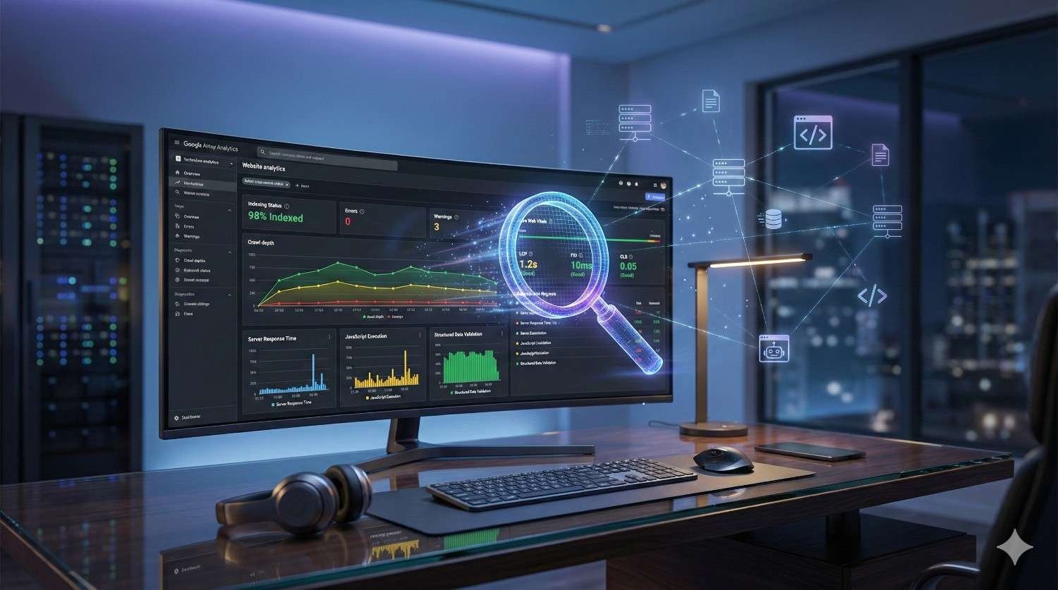 Modern workspace with a widescreen monitor displaying Google Analytics and SEO performance dashboards, highlighted by a magnifying glass overlay showing indexed pages and speed metrics, representing website analysis, technical SEO auditing, and data-driven optimization in a professional office setting.