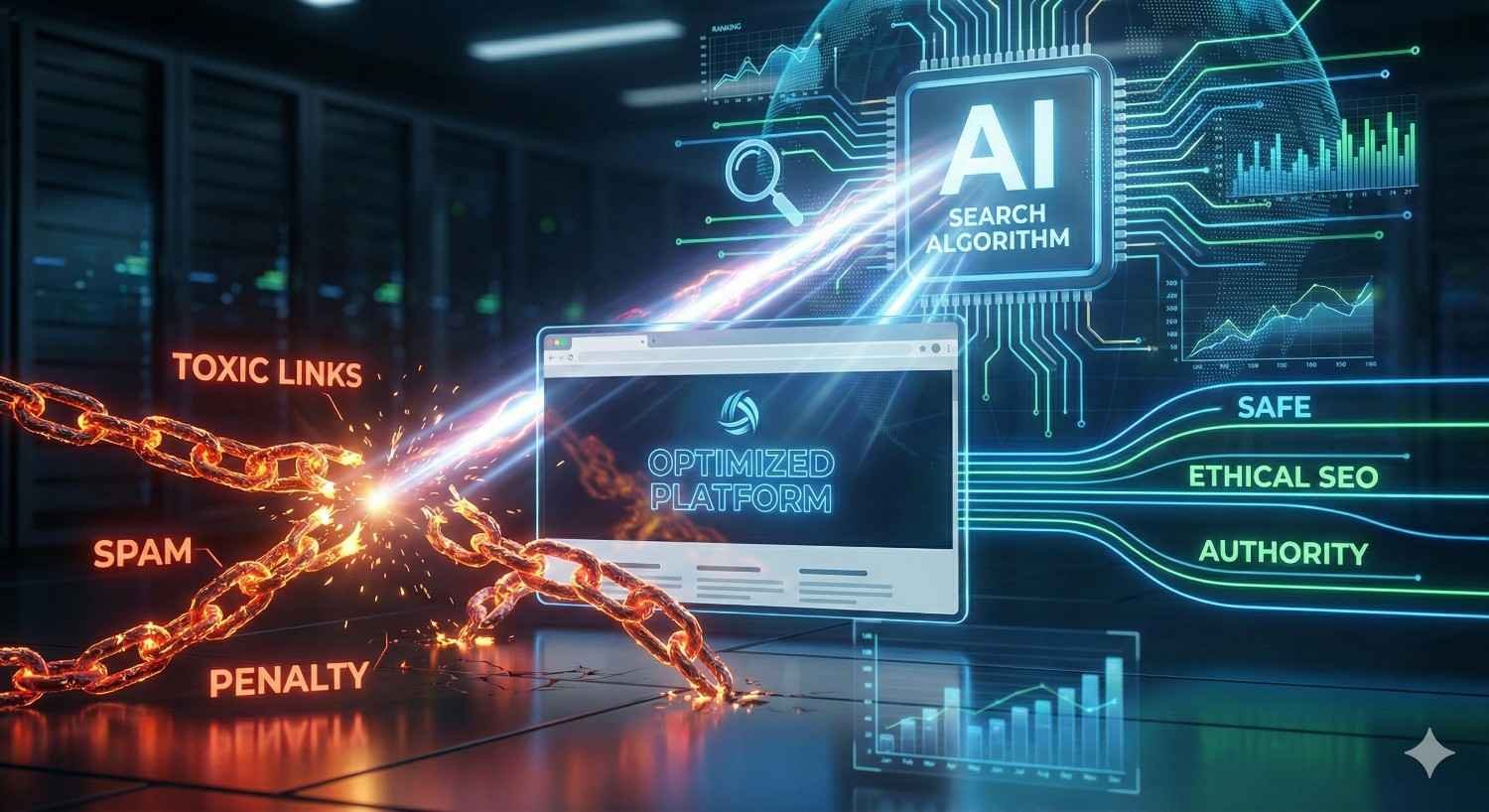 Futuristic scene showing an AI search algorithm interface protecting an optimized website while fiery chains labeled toxic links, spam, and penalty snap apart, alongside glowing graphs and labels for safe, ethical SEO and authority in a data center environment.
