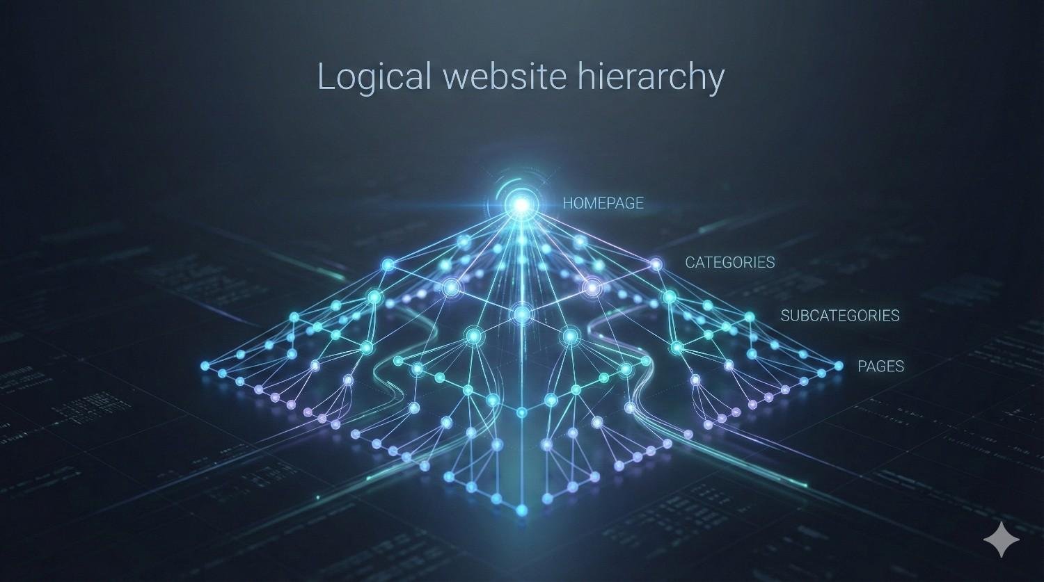 Futuristic diagram titled “Logical website hierarchy” showing a glowing homepage node at the top branching into categories, subcategories, and individual pages below, forming a structured network. Visualizes clear site architecture, internal linking, and organized content flow for improved SEO and navigation.