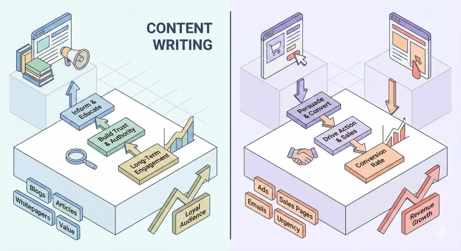 Split infographic comparing two approaches to content writing: the left shows educating audiences to build trust, authority, long-term engagement, and loyalty through blogs and articles; the right shows persuasive copy driving action, conversions, and revenue through ads, emails, and sales pages.