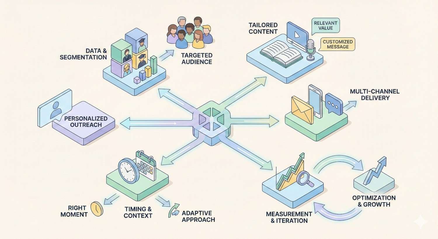 Diagram showing a personalized outreach system connecting data segmentation and targeted audiences to tailored content, multi-channel delivery, timing and context, adaptive approach, measurement and iteration, and optimization and growth, illustrated with icons, arrows, charts, and groups of people.