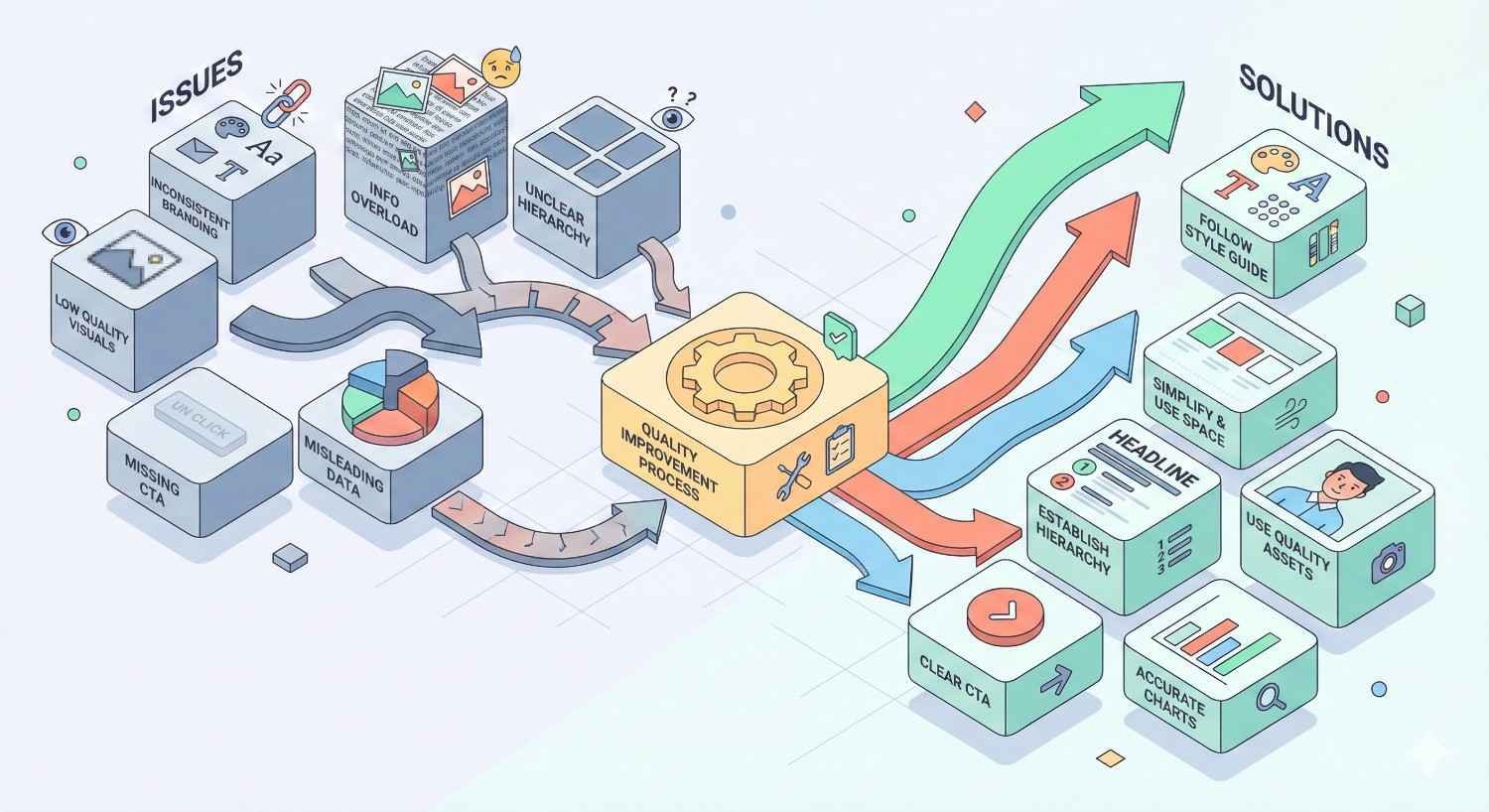 An illustrated diagram contrasts UX and content issues—like cluttered layouts, missing calls to action, unclear hierarchy, and misleading data—with solutions such as style guides, simplified spacing, strong headlines, clear CTAs, accurate charts, and quality assets flowing through a central quality improvement process.