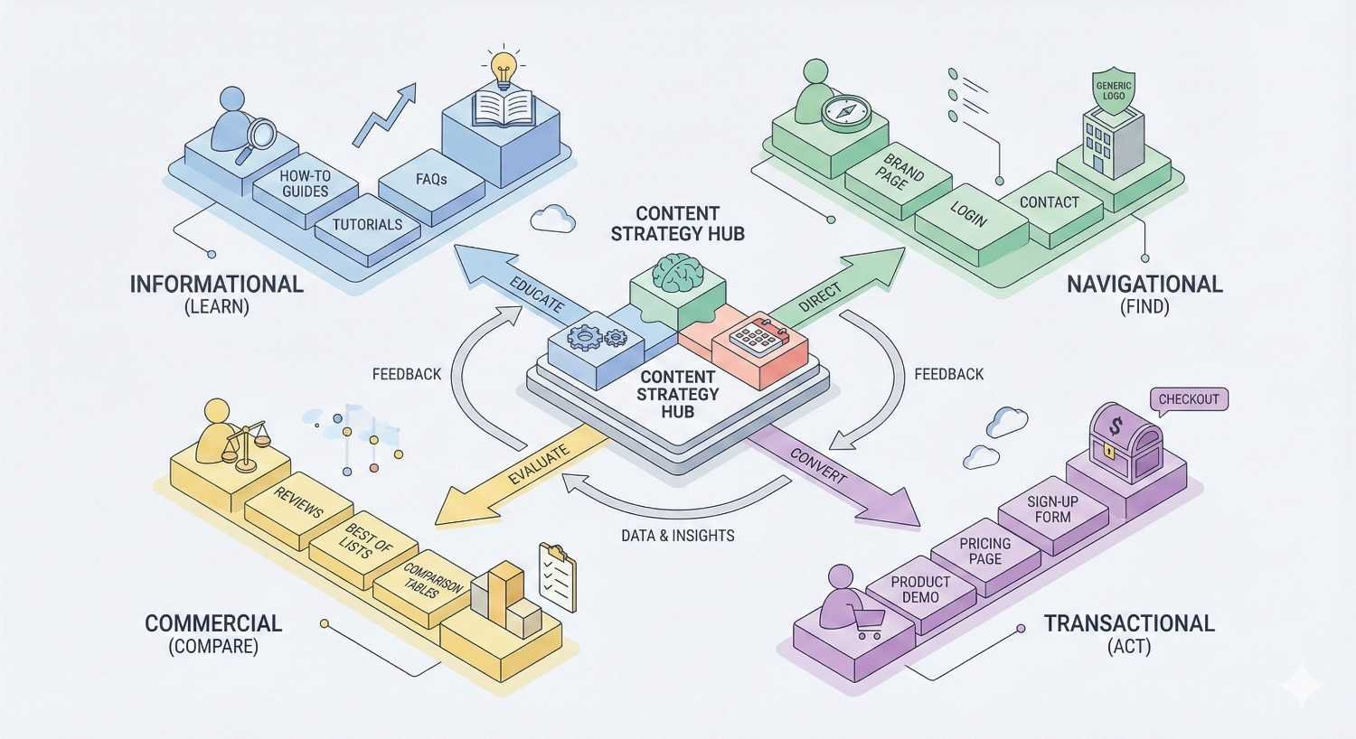 An illustrated content strategy hub connects four intent types: informational, navigational, commercial, and transactional, with examples like guides, brand pages, reviews, and checkout flows, linked by feedback arrows, data insights, and evaluation paths around a central planning platform.