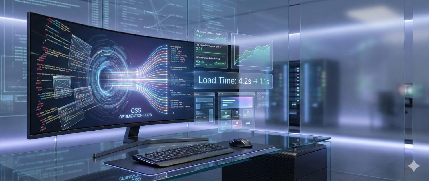 Modern workstation with widescreen monitor displaying CSS optimization flow, code snippets, and performance dashboards. Overlay shows load time improvement from 4.2s to 1.1s, with charts and metrics in a sleek, futuristic office setting, symbolizing web performance tuning and faster website speed.