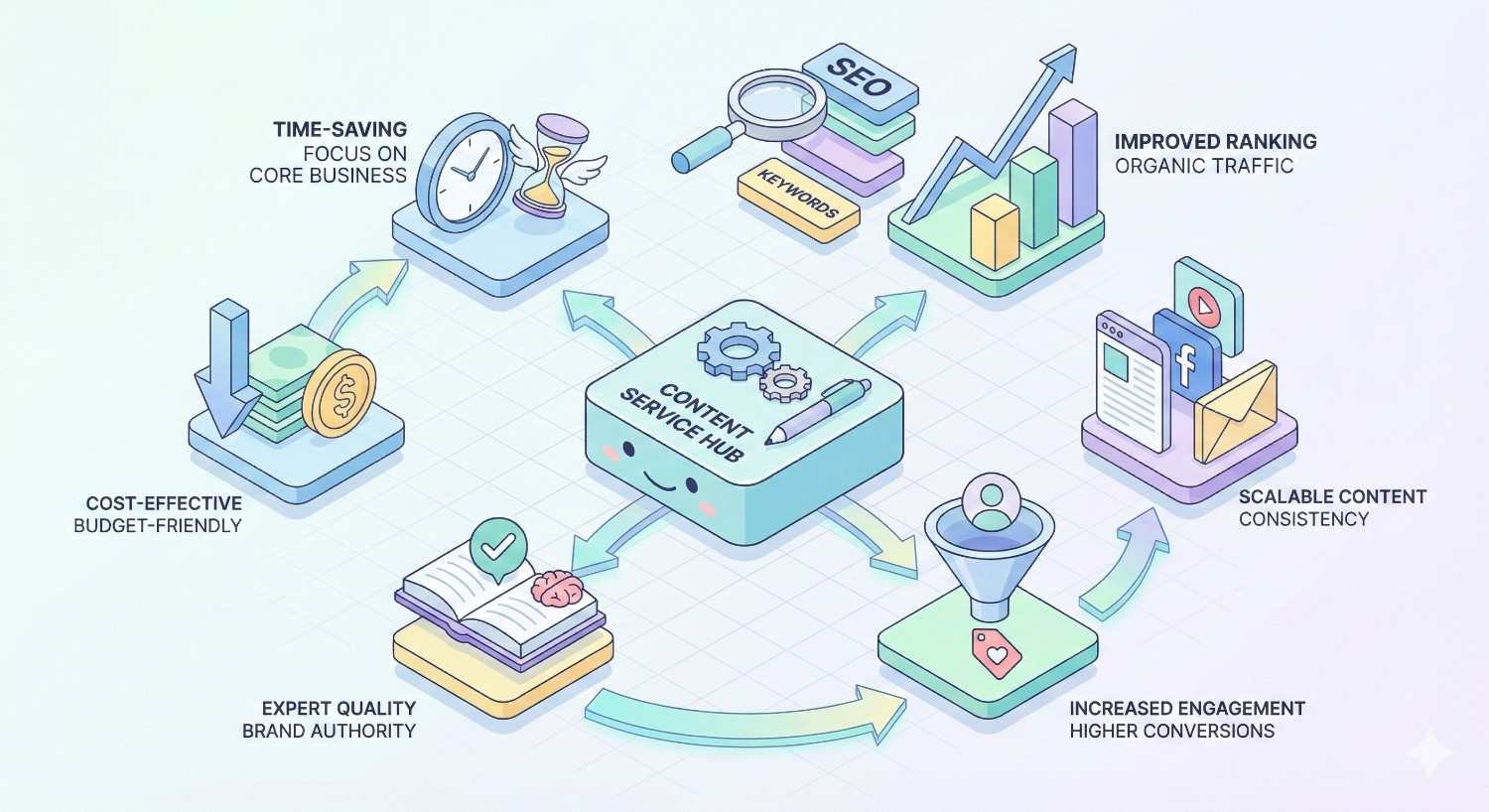 Infographic showing a central content service hub connected to benefits like time savings, SEO keywords, improved rankings, scalable publishing, increased engagement and conversions, expert quality, and cost efficiency, illustrated with icons, arrows, charts, and funnels around the hub.