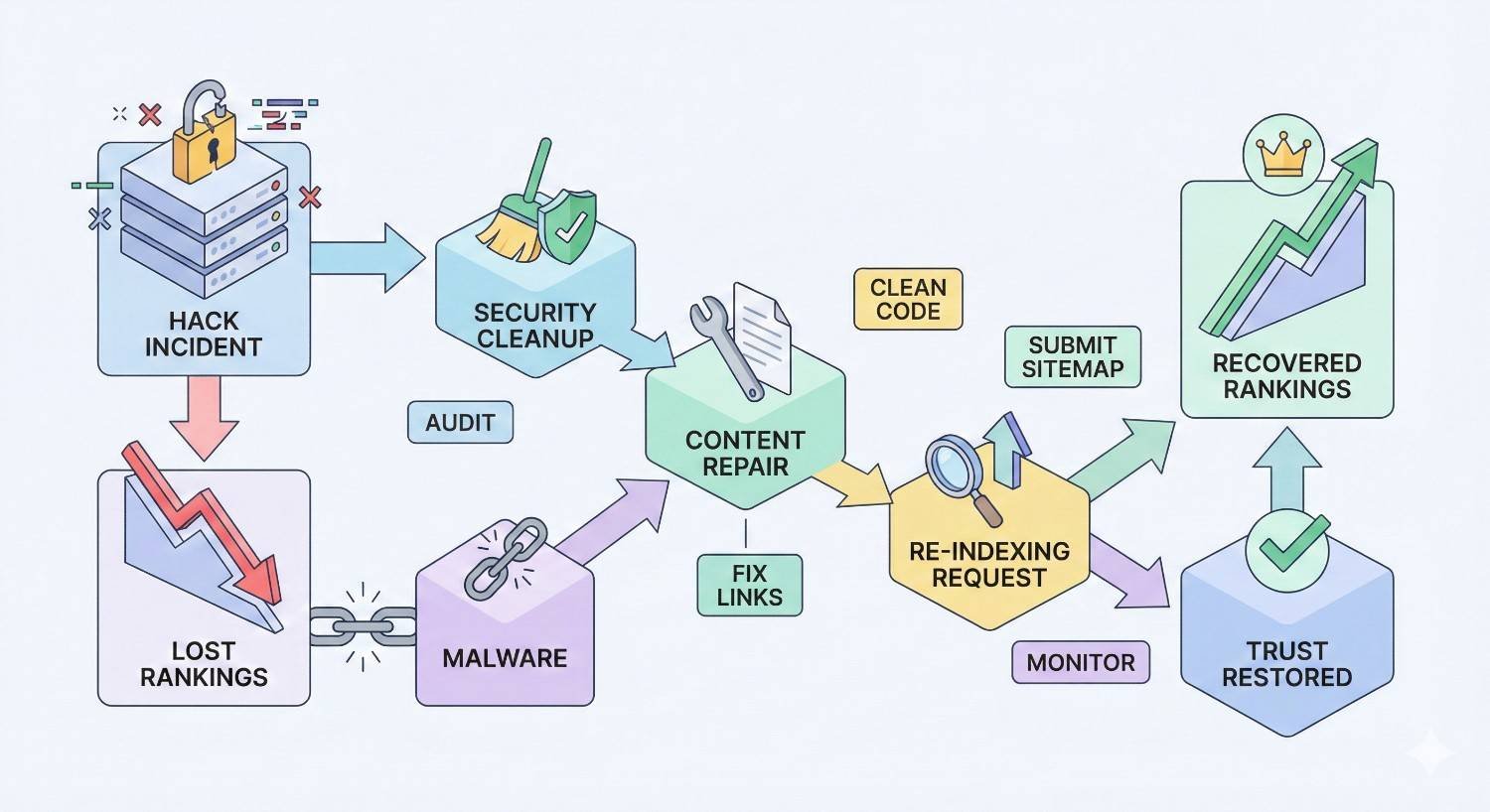 Infographic showing SEO recovery after a hack incident: security cleanup and audit, malware removal, content repair, fixing links, clean code, submit sitemap, re-indexing request, and monitoring. Process leads to restored trust and recovered search rankings.