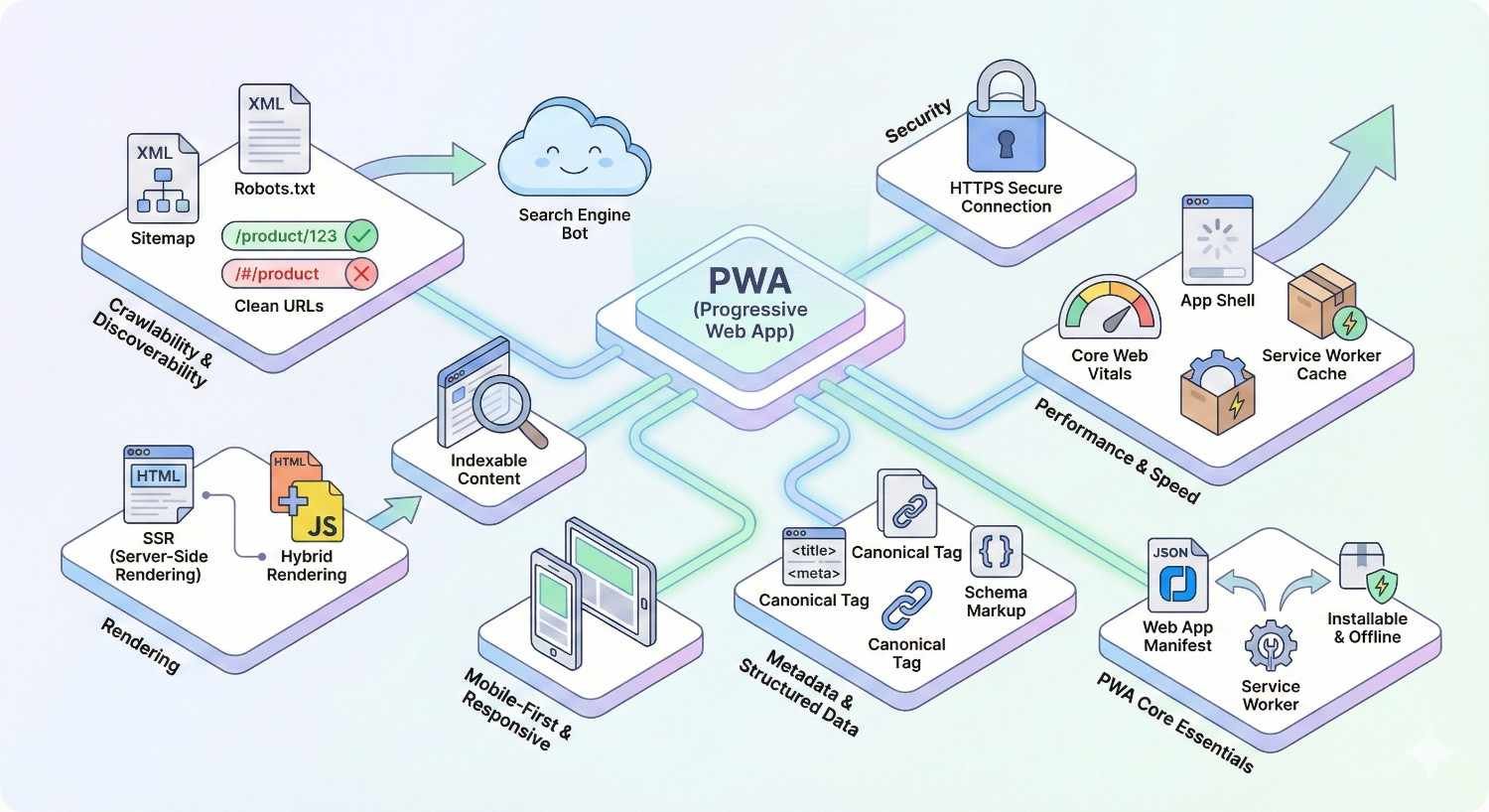 Comprehensive infographic of PWA SEO structure showing crawlability with sitemap and robots.txt, server-side or hybrid rendering, indexable content, mobile-first design, canonical tags and schema markup, HTTPS security, Core Web Vitals, service worker caching, web app manifest, and installable offline functionality for better visibility and performance.