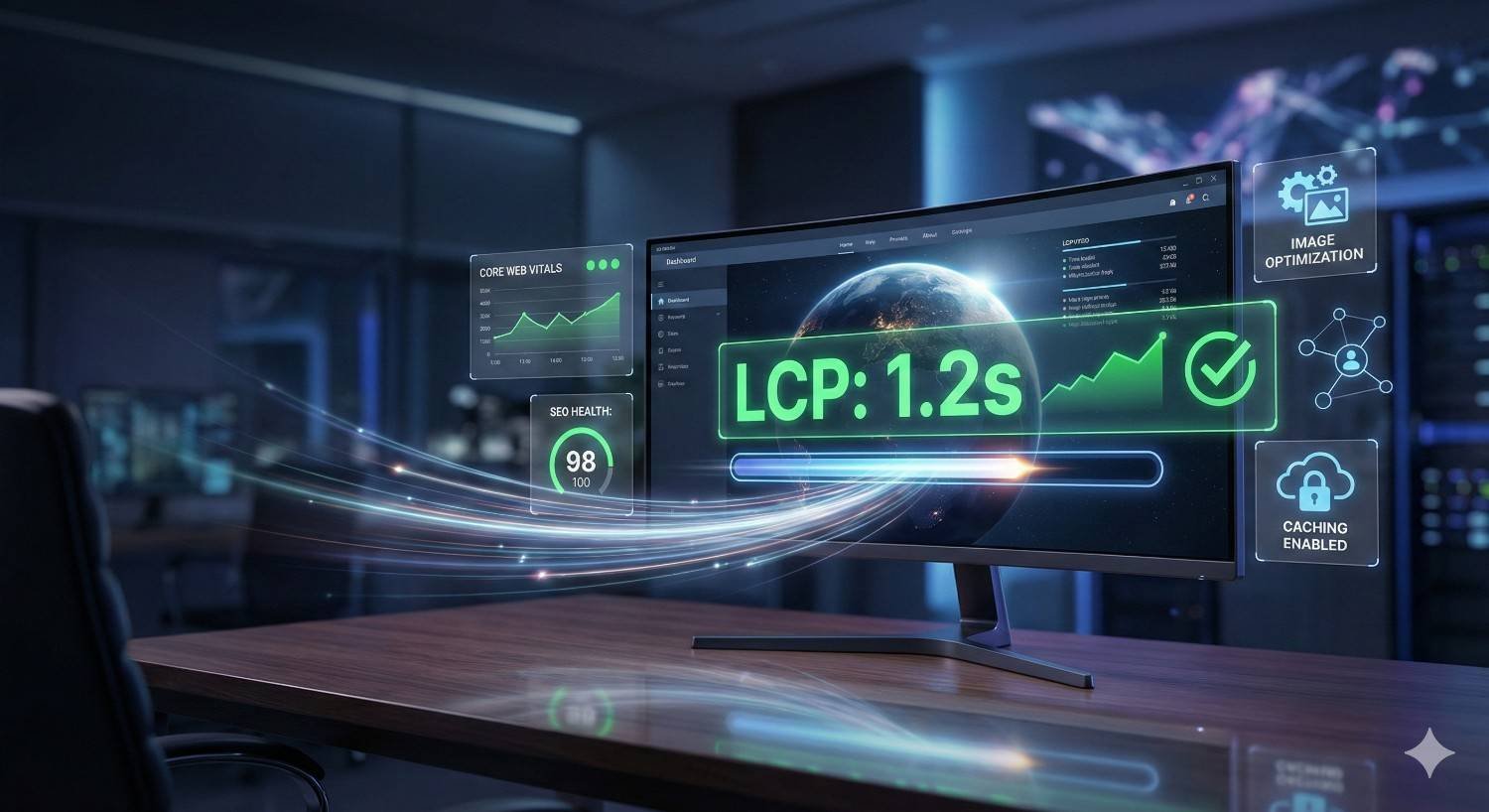 Modern widescreen monitor on a desk displaying website performance metrics, highlighting “LCP: 1.2s” with a green checkmark, SEO health score, core web vitals graph, image optimization, and caching enabled icons, representing fast-loading, optimized web performance.