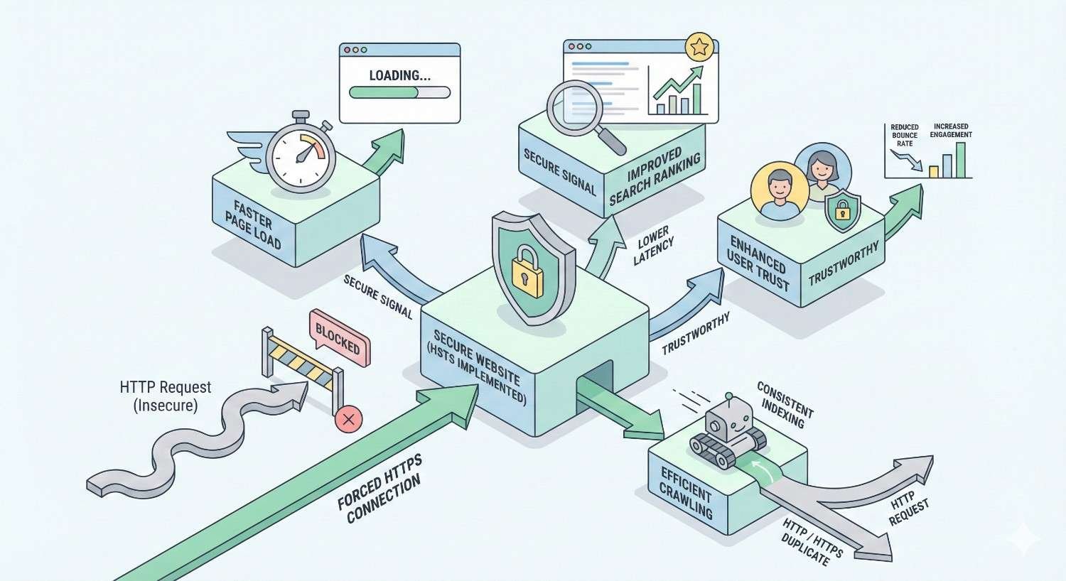 Infographic showing benefits of forced HTTPS and HSTS implementation. Insecure HTTP requests are blocked, ensuring secure connections, faster page load, lower latency, improved search rankings, enhanced user trust, efficient crawling, and consistent indexing without HTTP/HTTPS duplicate issues.