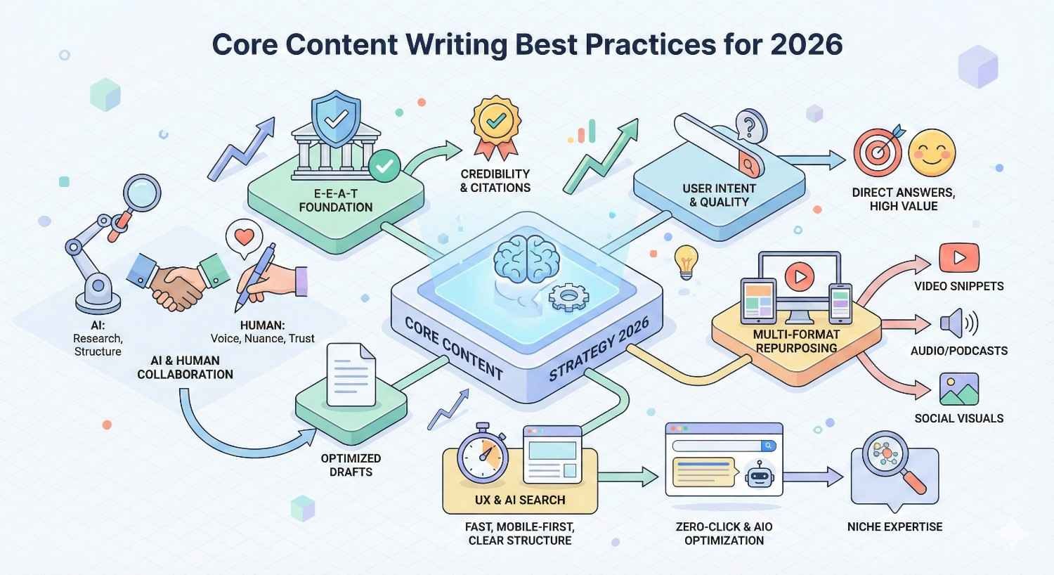 nfographic titled “Core Content Writing Best Practices for 2026” showing E-E-A-T foundations, AI and human collaboration, user intent, multi-format repurposing, UX and AI search, zero-click optimization, niche expertise, and credibility flowing around a central “Core Content Strategy 2026” hub.